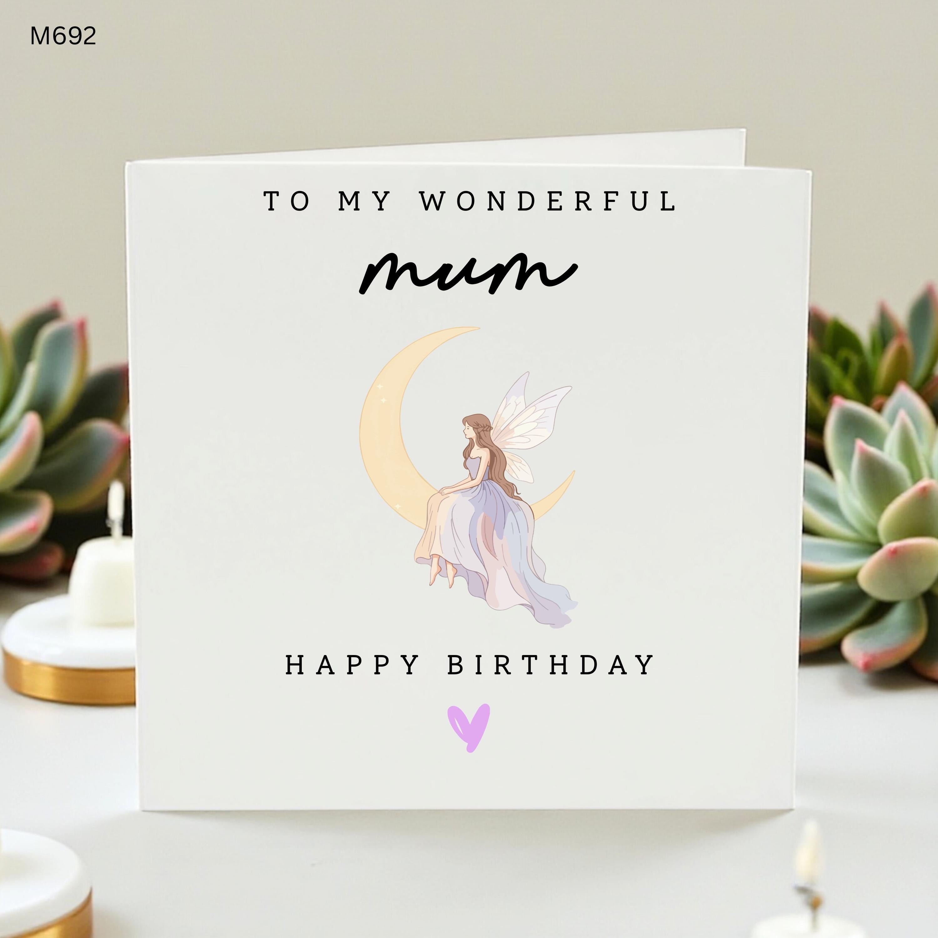 Wonderful Mum Card, Happy Birthday Mum, Celestial Fairy Birthday Card, Cute Fairy on Moon Card, Gift for Mother, Purple Heart, Elegant Mummy
