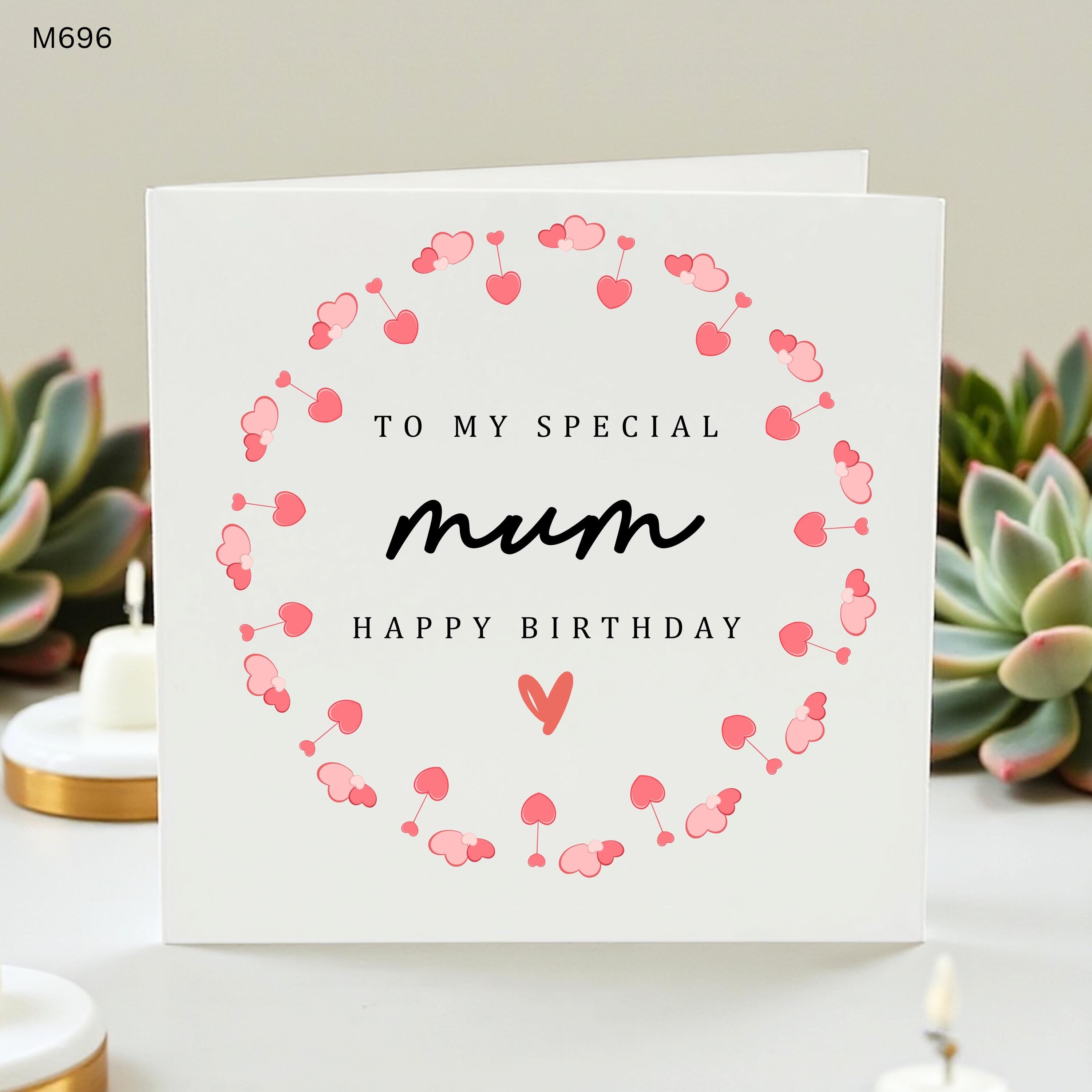 Special Mum Birthday Card, Happy Birthday Mum, Heart Wreath Birthday Card, Cute Card for Mummy, Gift for Mother, Pink Hearts Greeting Card,