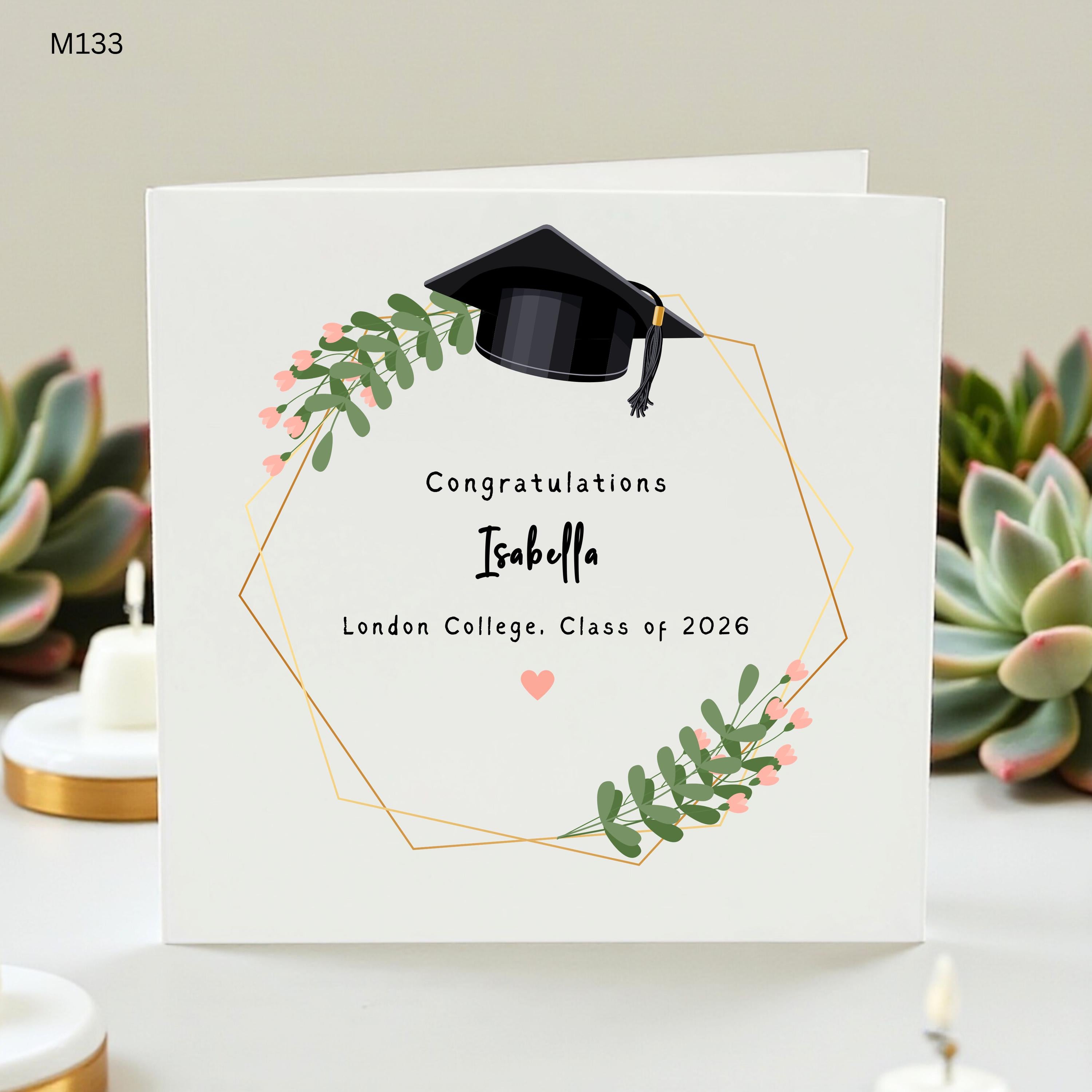 Personalized Graduation Card, Floral Custom Name Grad Card, Class of 2026 Congratulations, University College Graduation Gift, Botanical