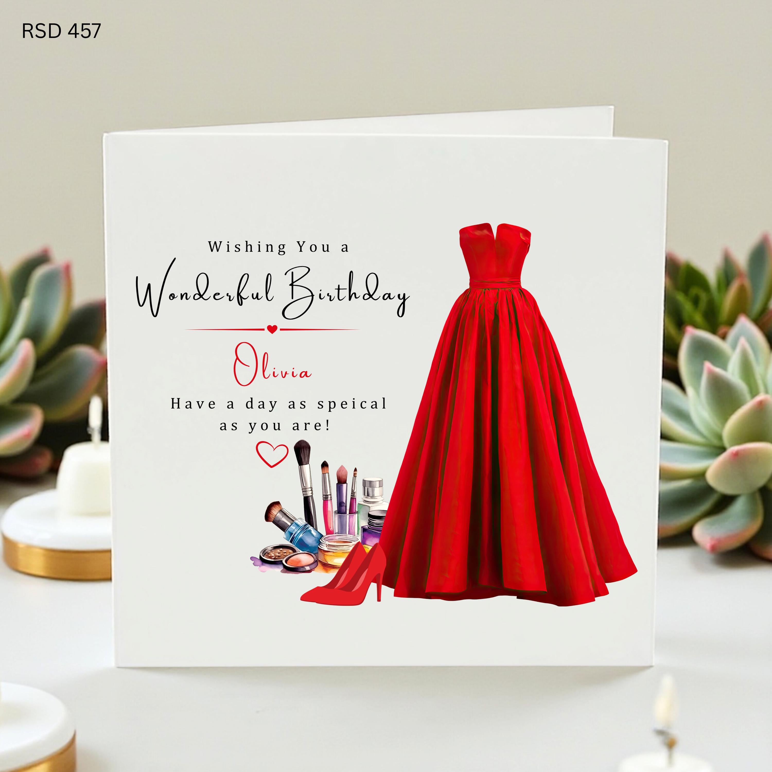 Personalized Red Dress Birthday Card for Her, Custom Name Makeup Greeting Card for Friend, Elegant Fashion Illustration Happy Birthday Card