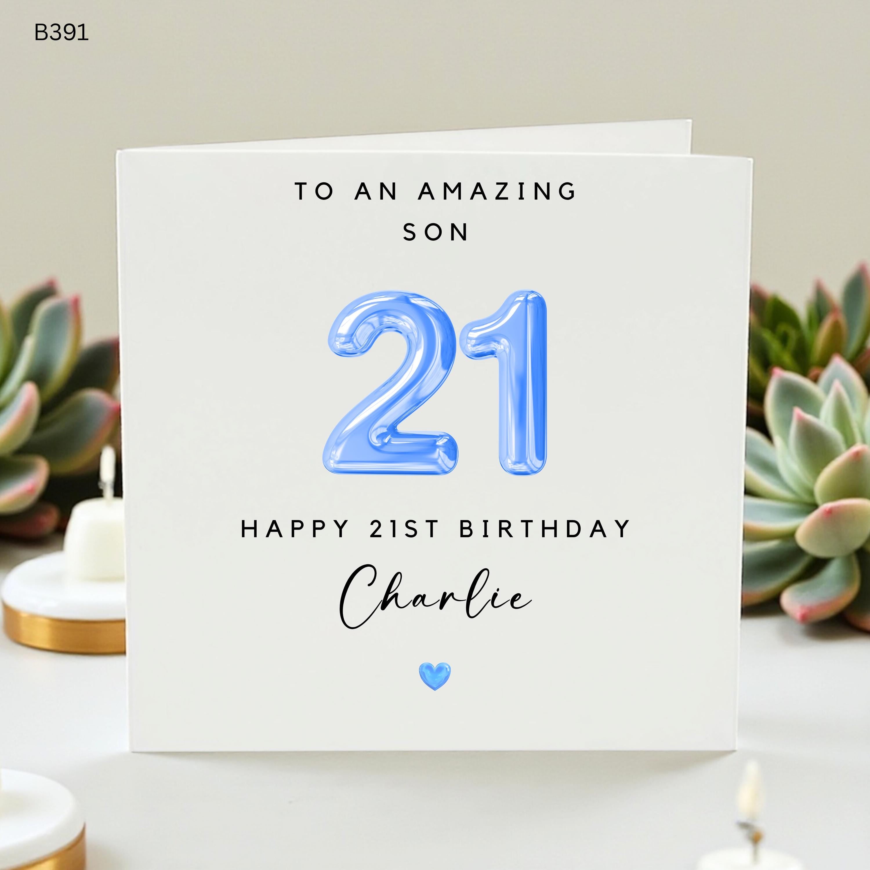 Personalised 21st Birthday Card for Son Custom Male Twenty First Birthday Card Blue Balloon Minimalist 21 Year Old Greeting, Happy Birthday