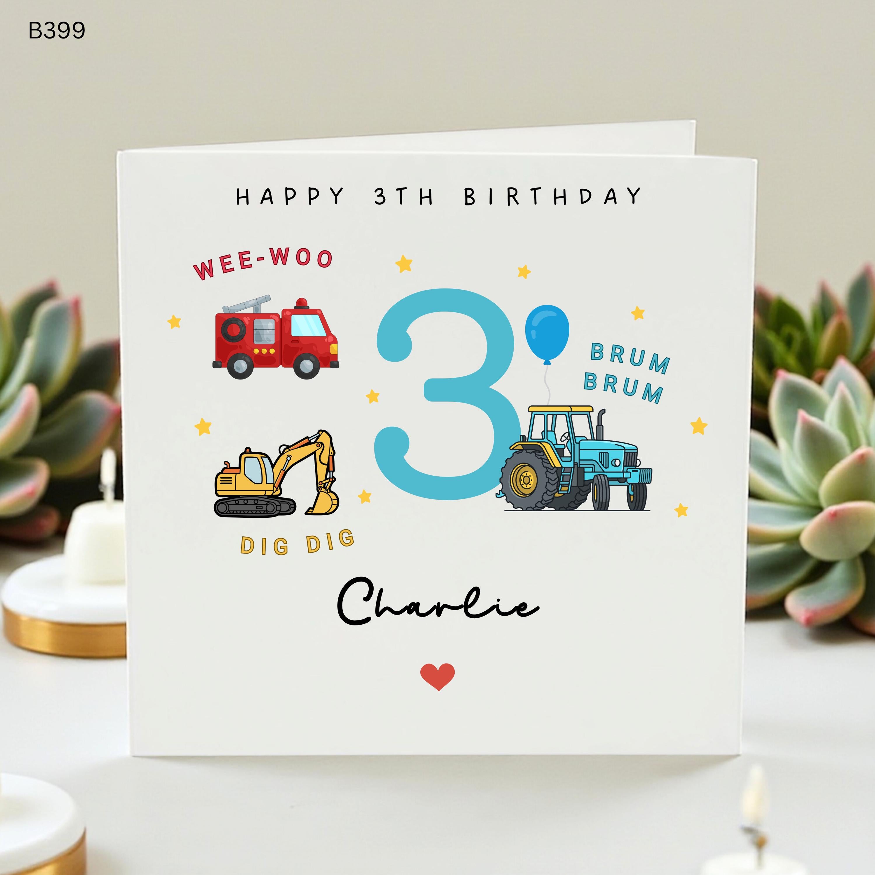Personalized 3rd Birthday Card for Boys, Custom Third Birthday Card Charlie, Construction Excavator Fire Truck Tractor Card, Toddler Boy