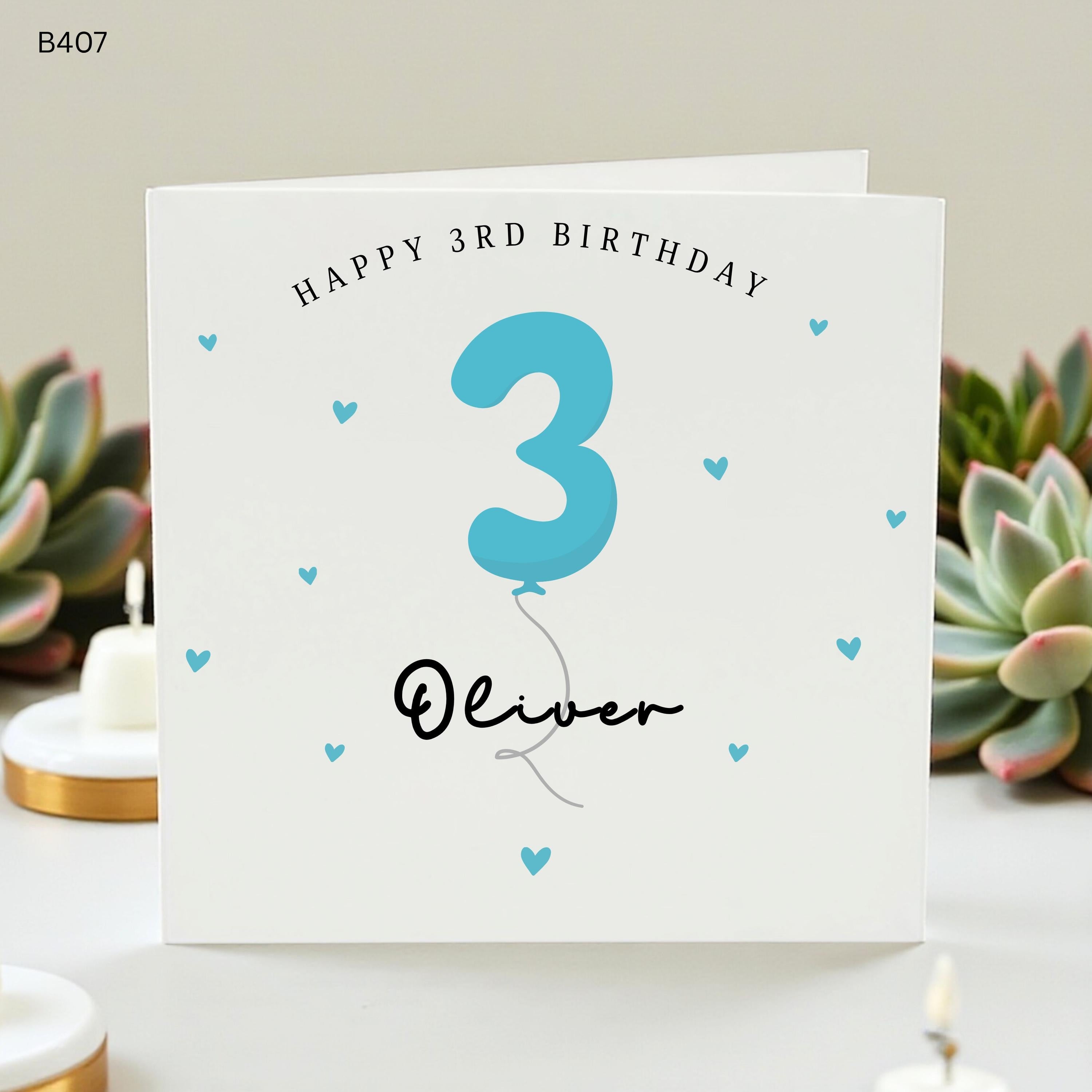 Personalized 3rd Birthday Card for Boys, Custom Third Birthday Card Oliver, Blue Number 3 Balloon Card, Cute Hearts Greeting Card,