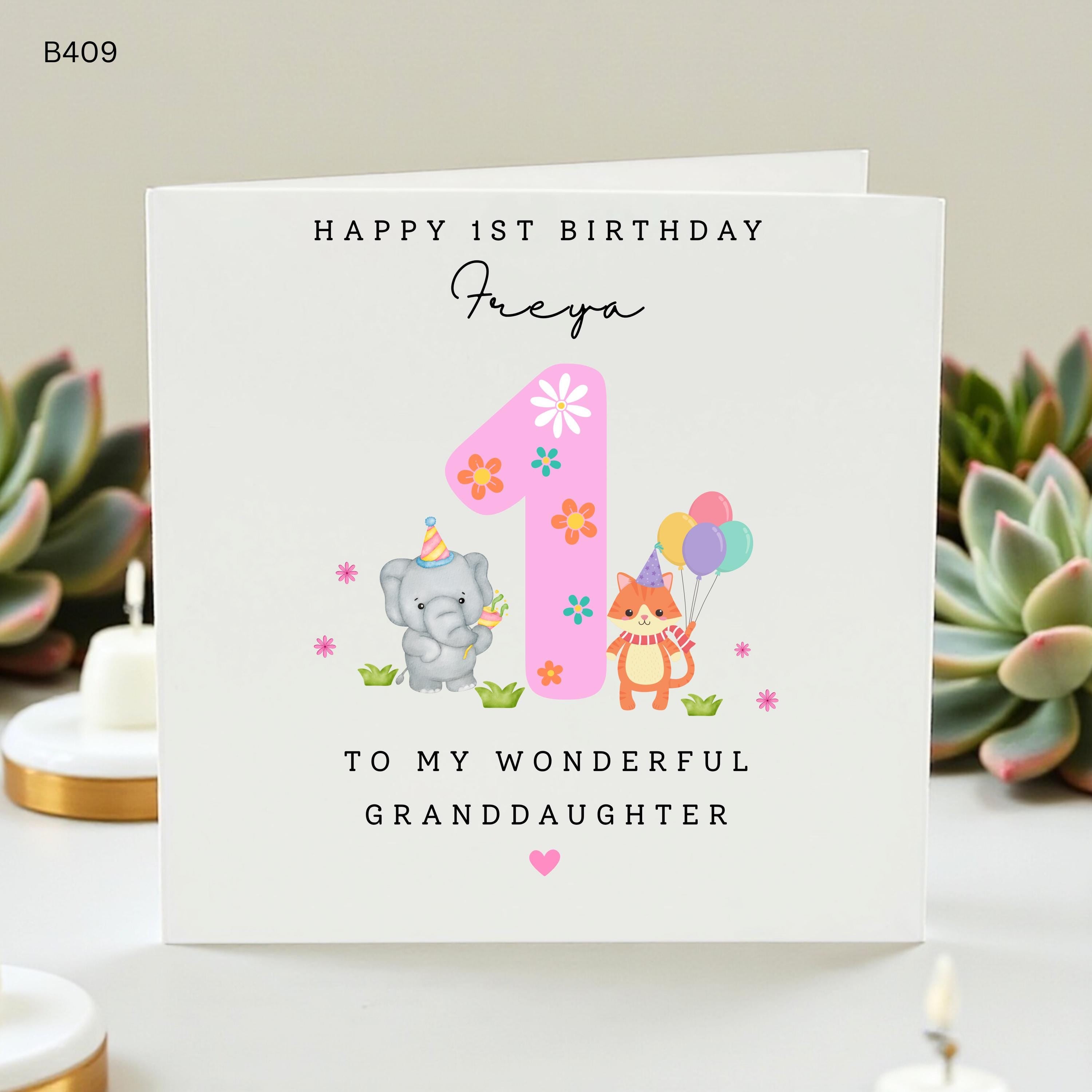 Personalized 1st Birthday Card for Granddaughter, Custom First Birthday Card , Cute Elephant Cat Animal Birthday Card, Pink Floral Number