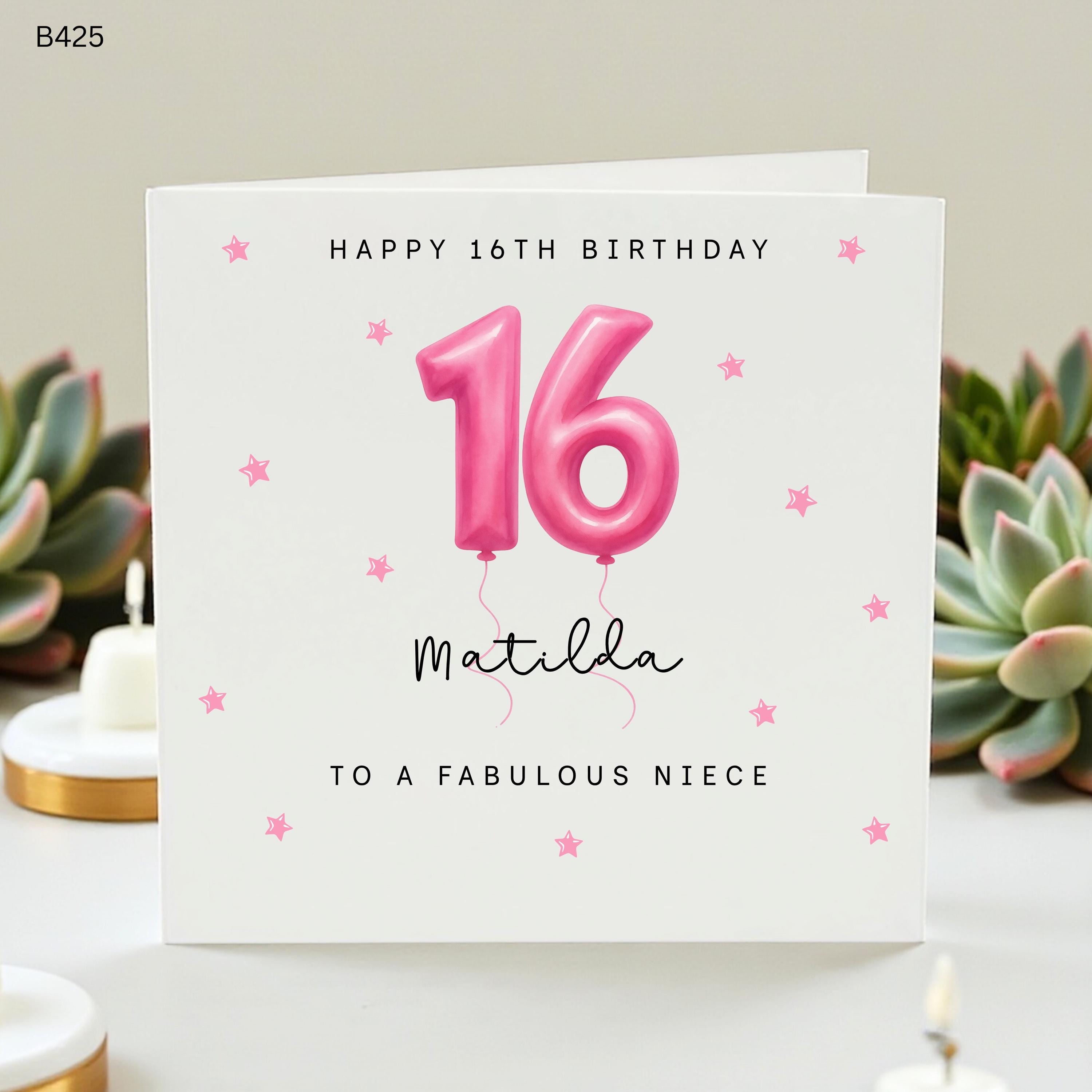 Personalized 16th Birthday Card, Custom Name Matilda Sweet Sixteen Gift, Pink Balloon Number Card for Fabulous Niece Cute Stars Card for Her