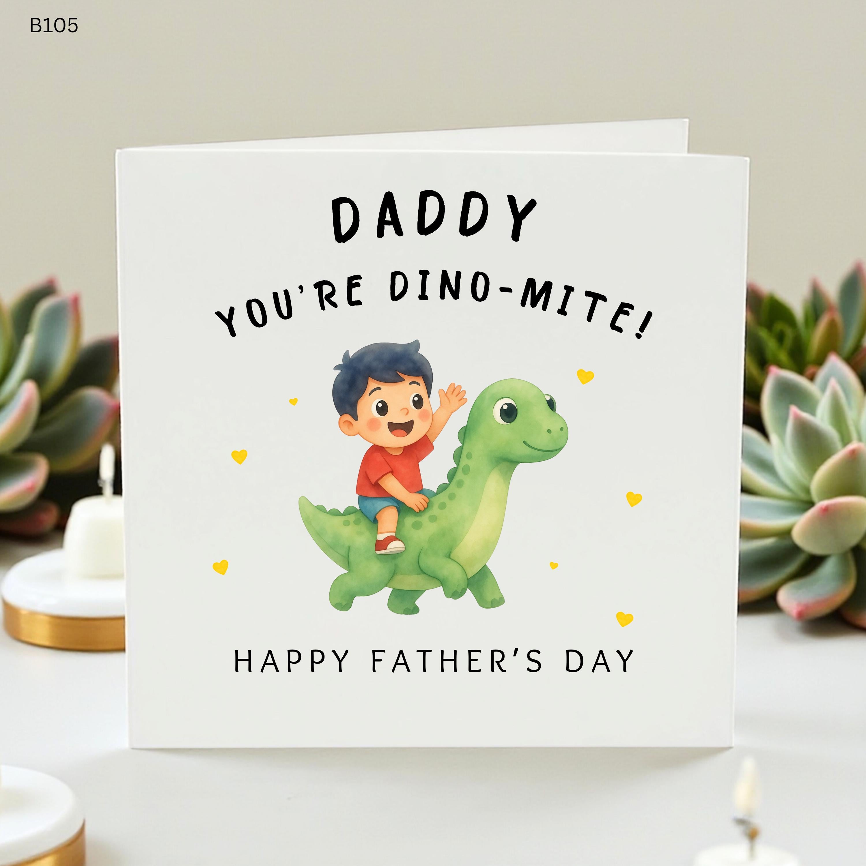 Dino-mite Father's Day Card for Daddy, Cute Dinosaur Card from Son, Funny Fathers Day Card for Dad, Dinosaur Lover Gift, T-Rex Pun Card