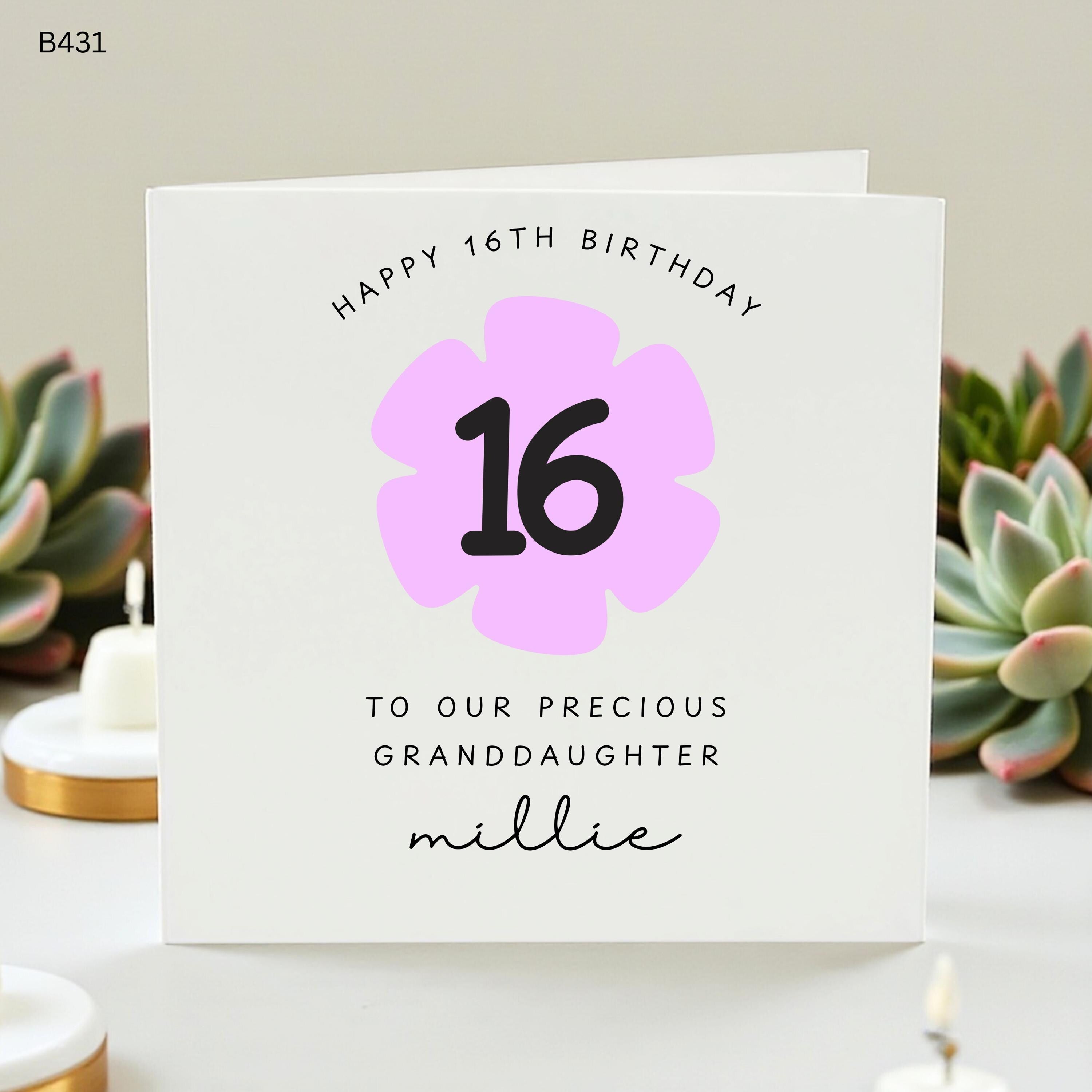 Personalized 16th Birthday Card for Granddaughter, Custom Name Happy Sweet Sixteen Card, Purple Flower Milestone Greeting Card for Her
