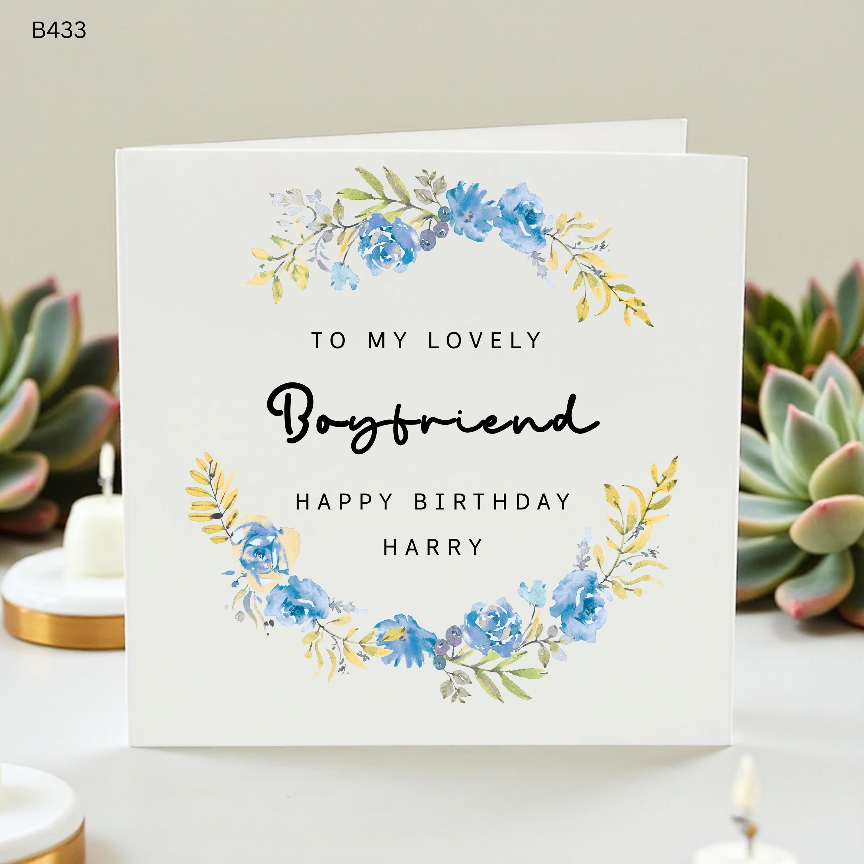 Personalized Birthday Card for Boyfriend, Custom Name Happy Birthday Card for Him, To My Lovely Boyfriend Card, Watercolor Blue