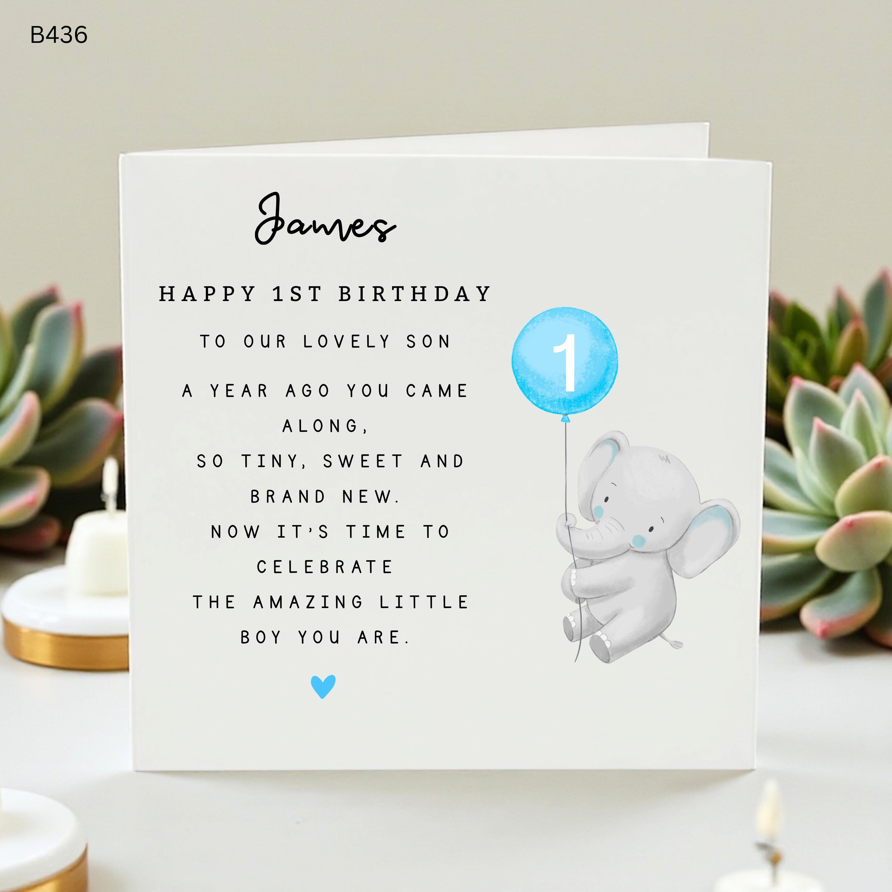 Personalised 1st Birthday Card Son, Custom First Birthday Card for Baby Boy, Cute Watercolor Elephant Card, 1 Year Old Son Milestone Card