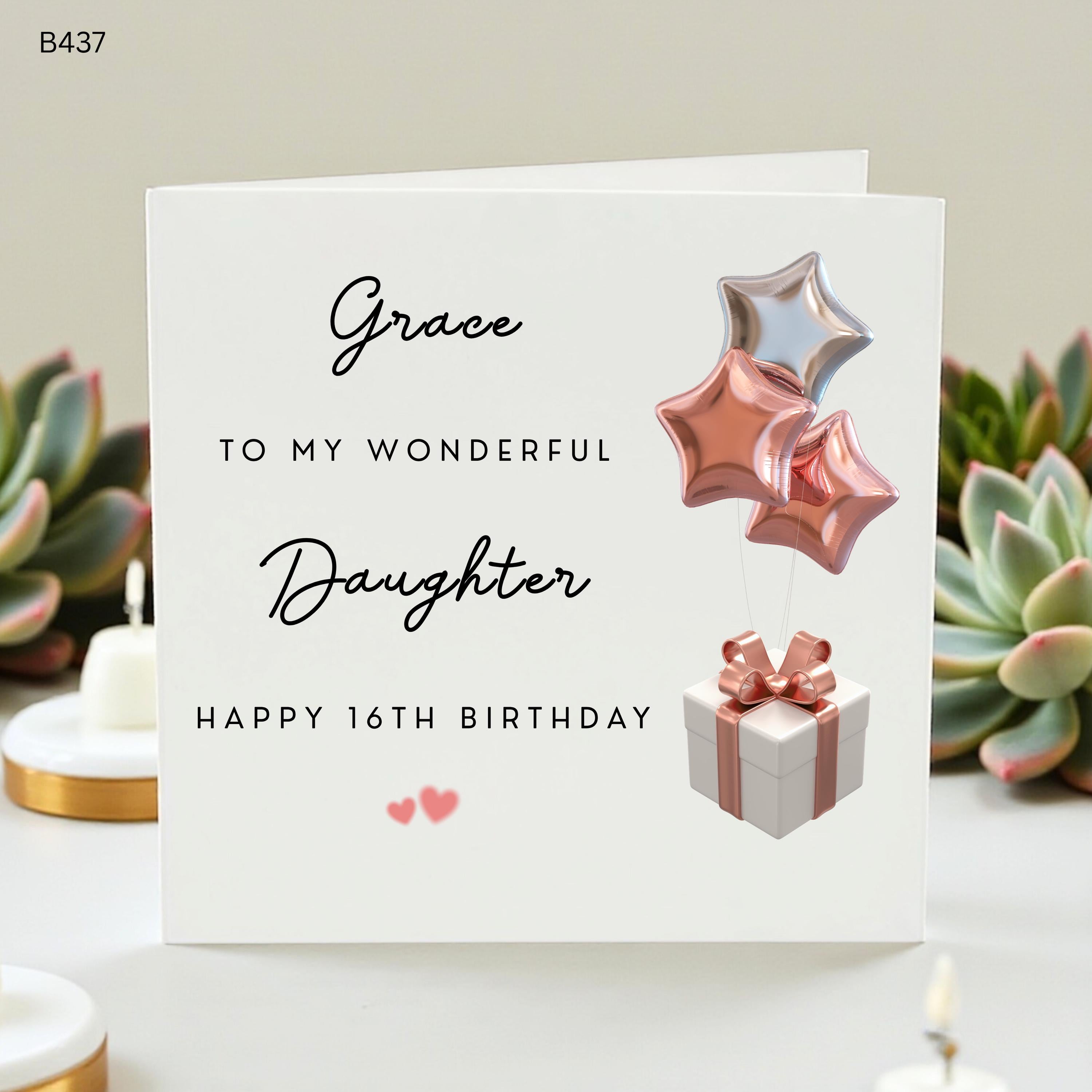 Personalised 16th Birthday Card Daughter, Custom Sweet 16 Card for Girl, Rose Gold Star Balloons Card, 16 Birthday Gift Granddaughter Niece