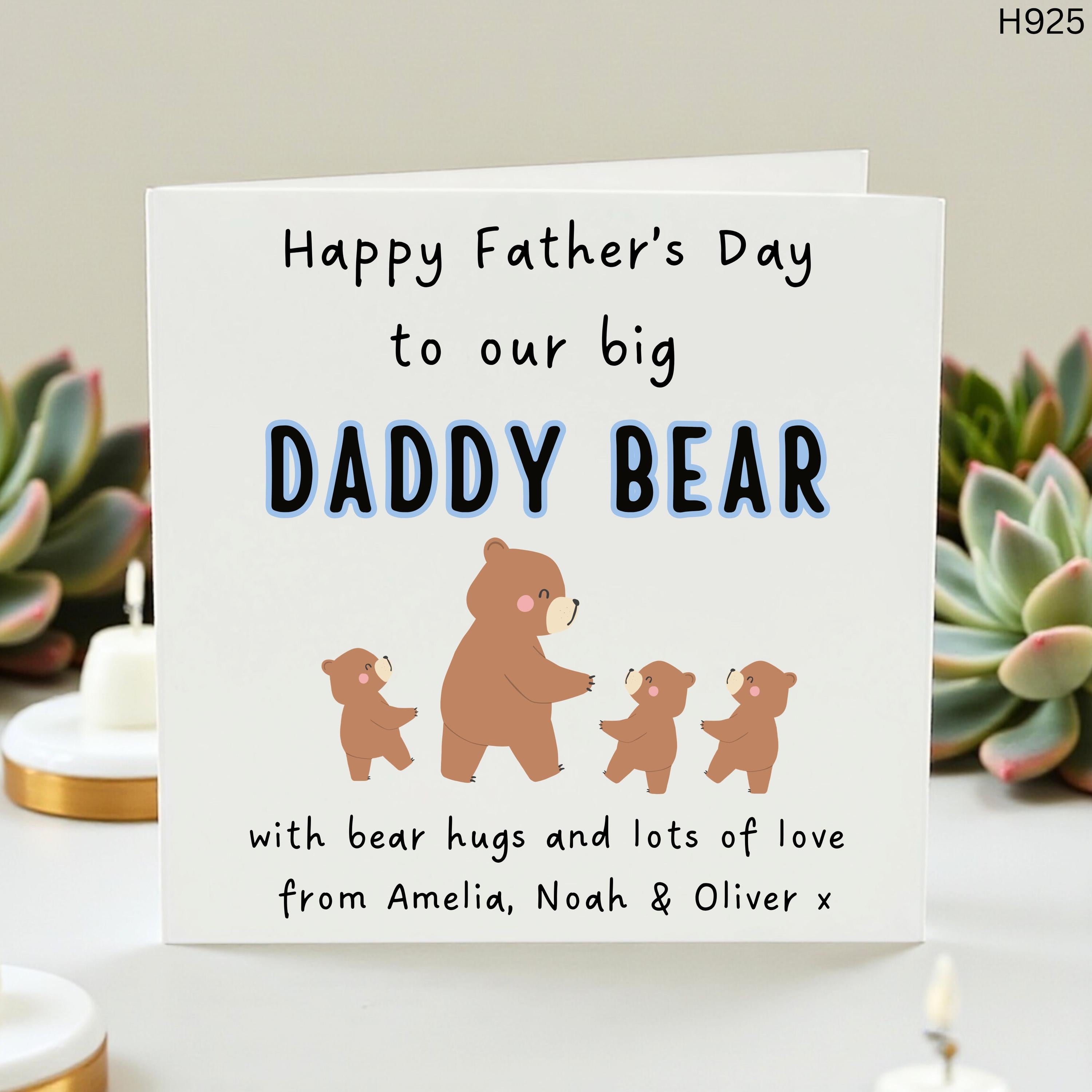 Personalize Daddy Bear Father's Day Card, Custom Name Card from 3 Children, Papa Bear Hugs Birthday Card for Husband from Amelia Noah Oliver
