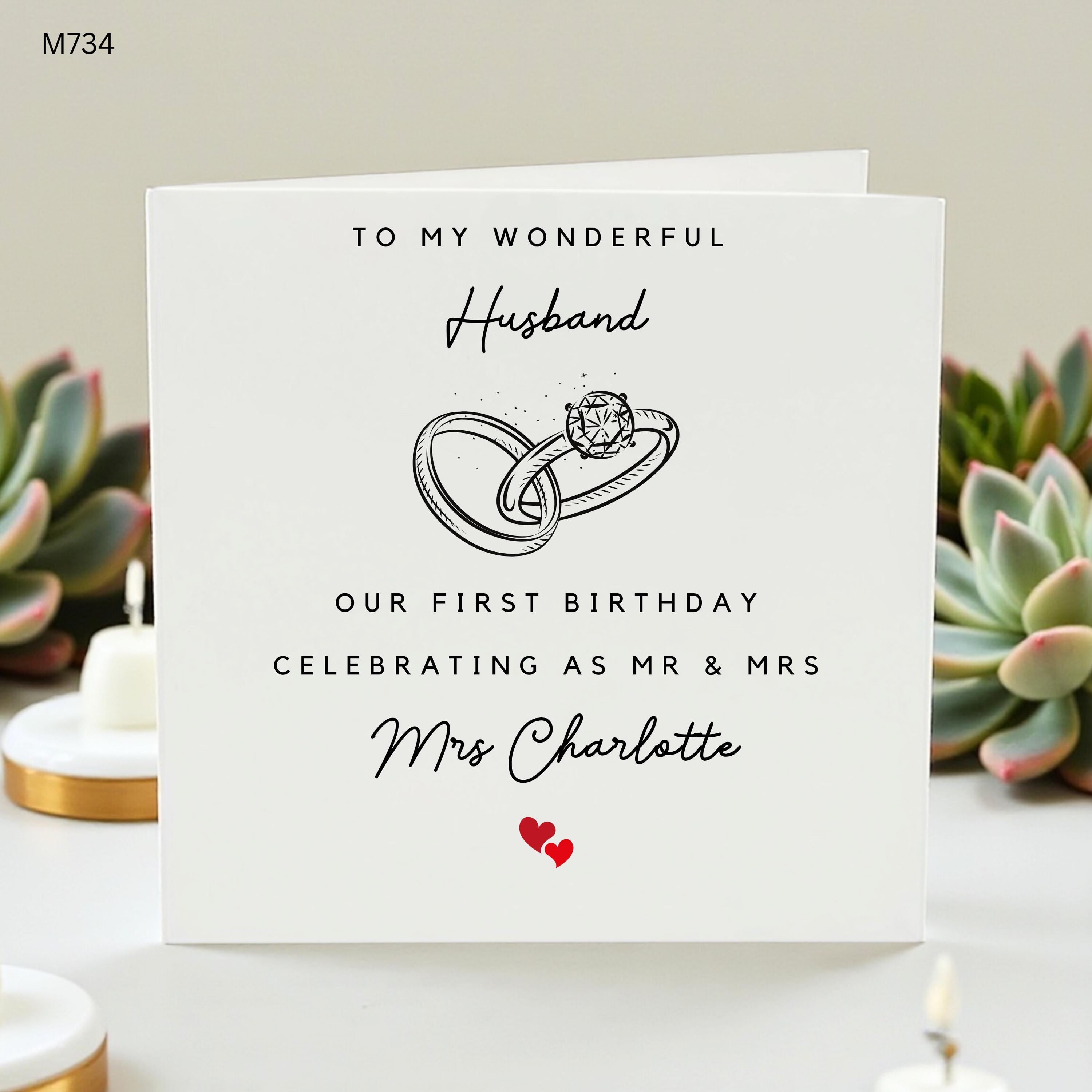 Personalised Husband Birthday Card, First Birthday As Mr And Mrs Card, Wedding Rings Newlywed Birthday Card From Wife