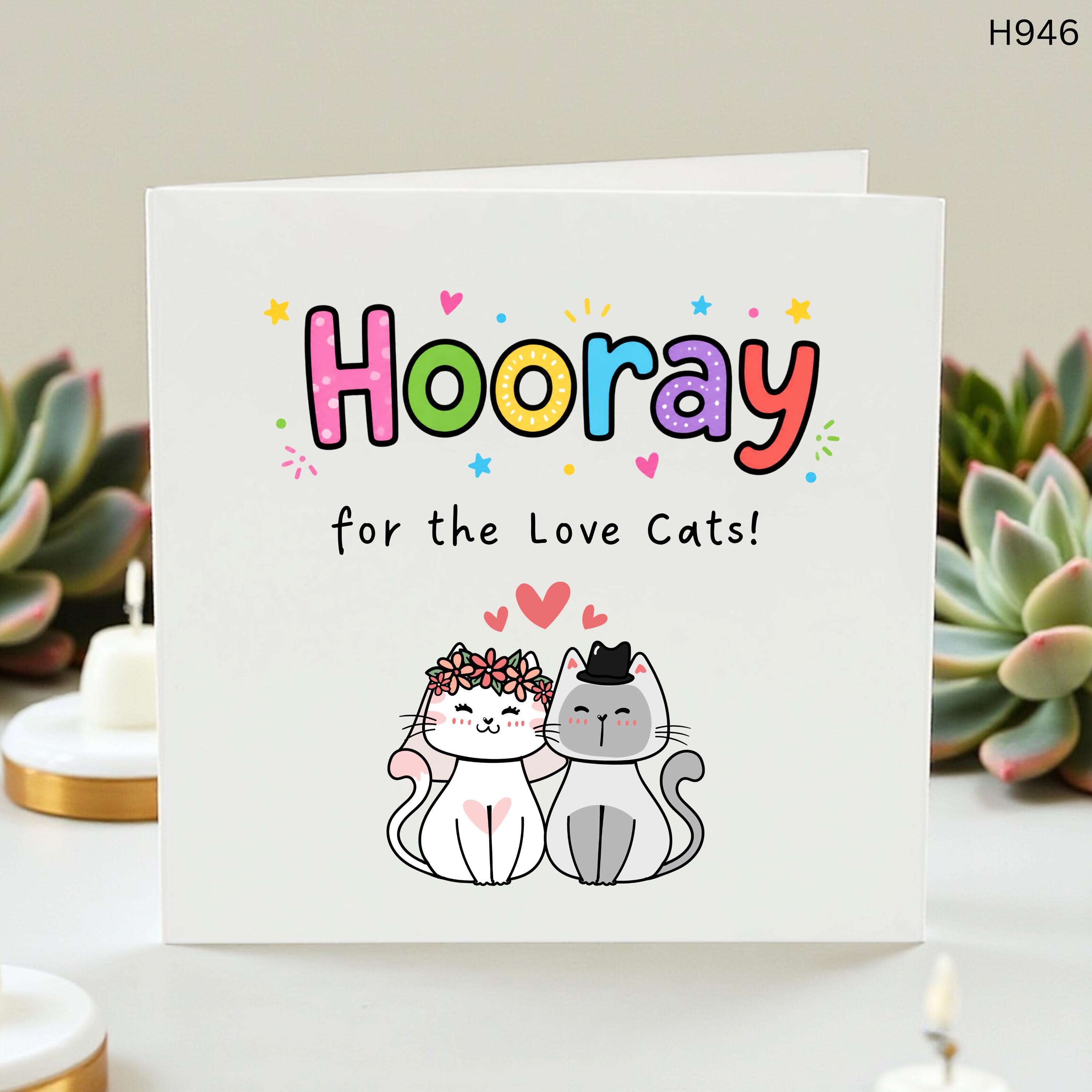 Hooray for the Love Cats Card - Cute Cat Wedding or Engagement Card for Cat Lovers - Funny Kitten Couple Anniversary - Colorful Cat Gift