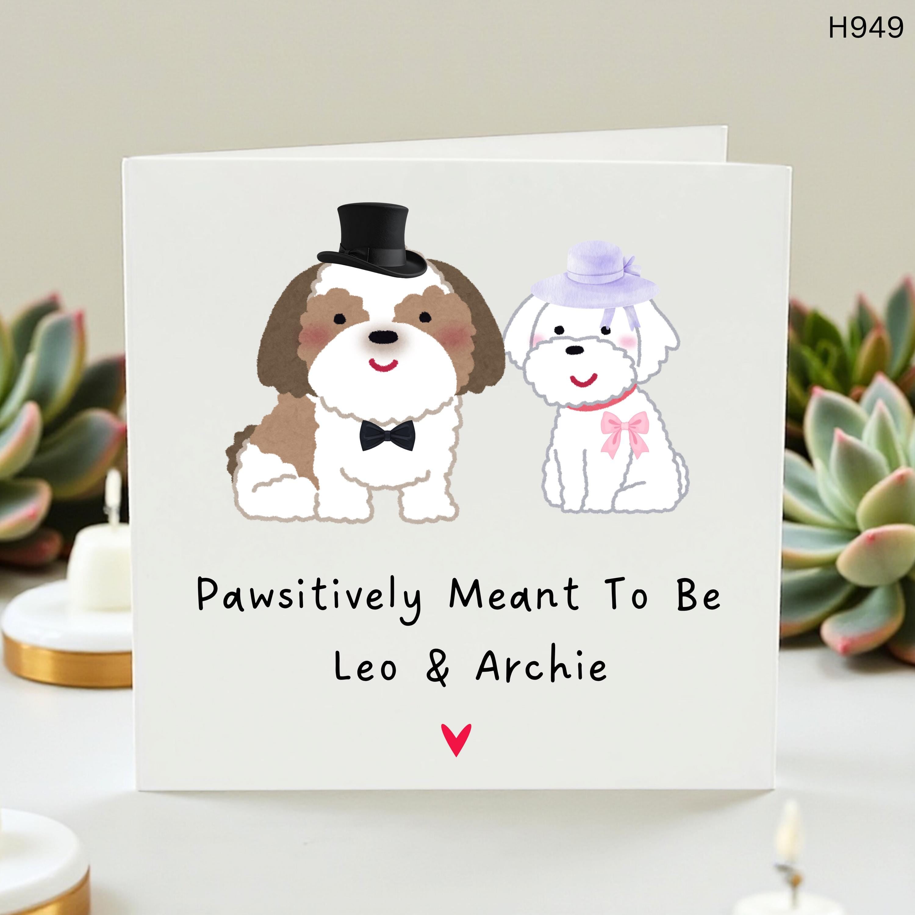 Personalized Dog Wedding Card, Custom Names Pawsitively Meant to Be, Cute Shih Tzu Maltese Illustration, Funny Pet Lover Gift, Puppy Card
