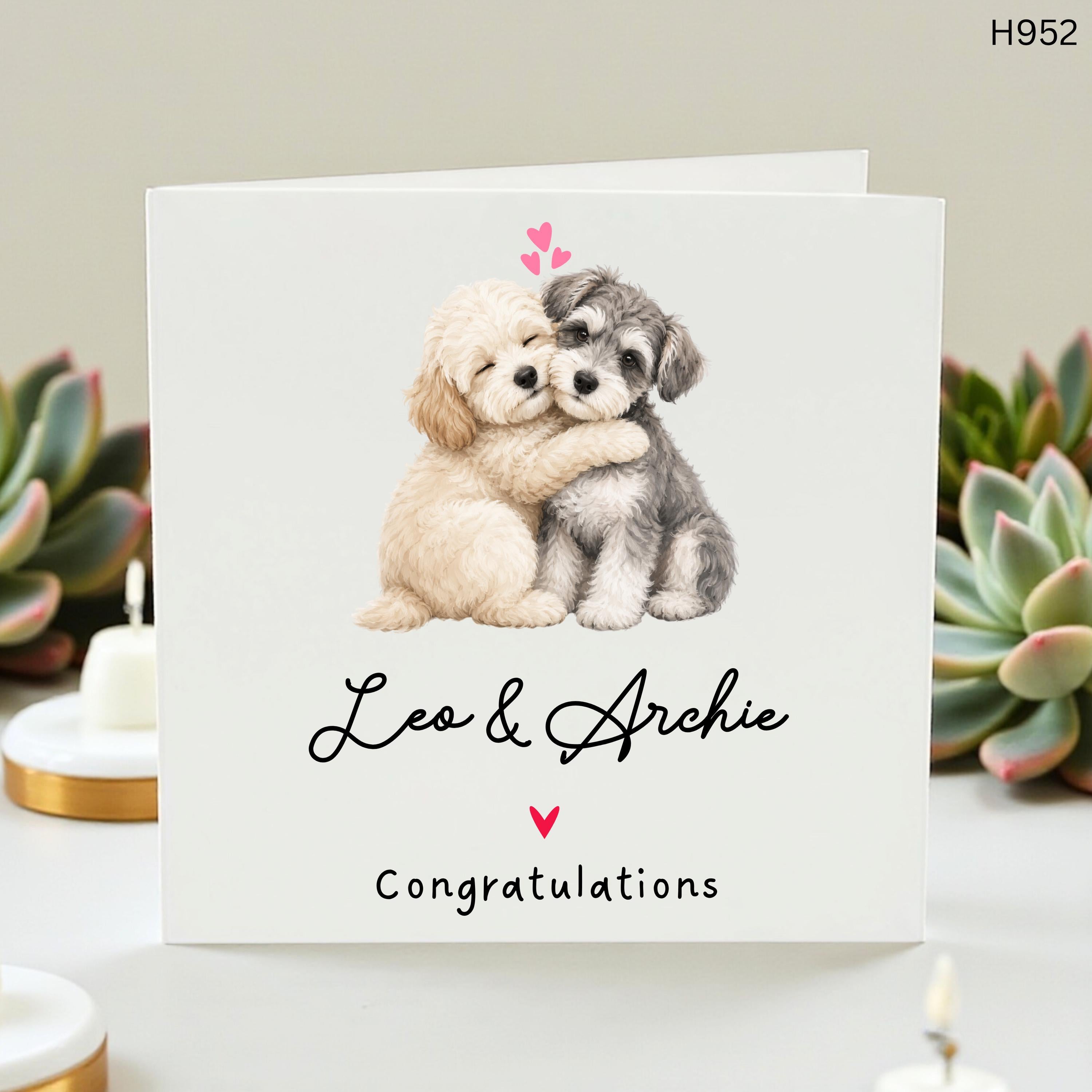 Personalized Dog Engagement Card with Custom Names,Cute Hugging Puppies Wedding Card, Schnauzer Cockapoo Congratulations Card for Pet Lovers