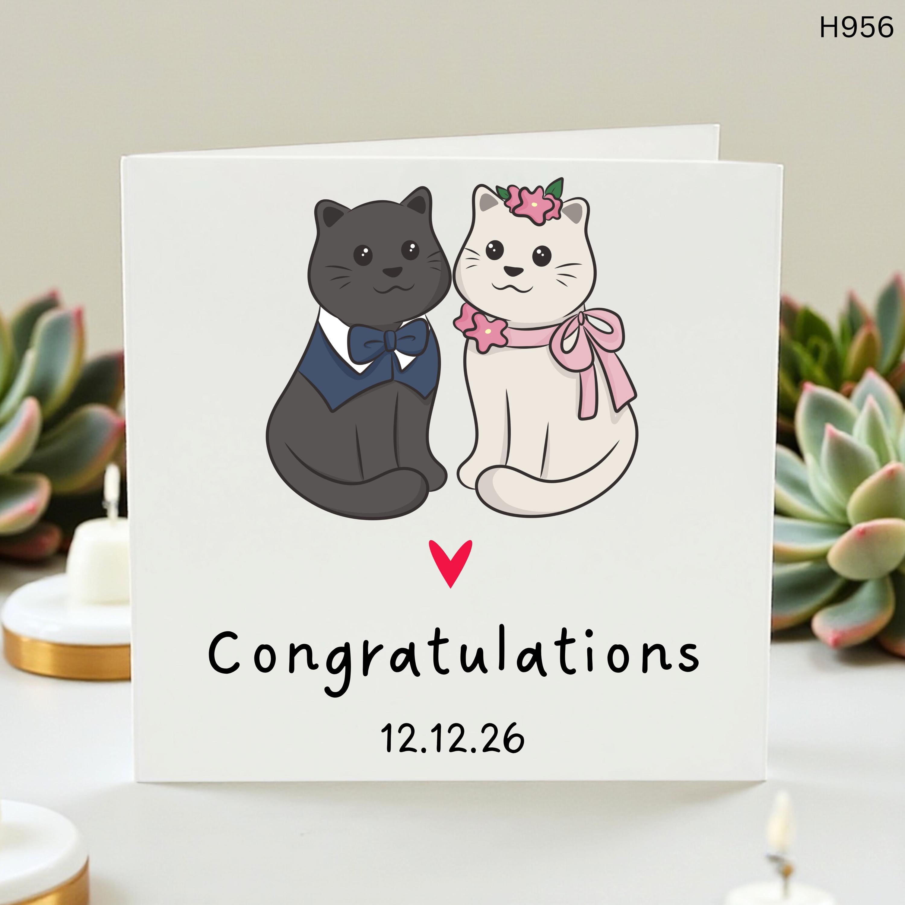 Personalized Cat Wedding Card with Custom Date, Cute Kitty Engagement Card for Cat Lovers, Tuxedo and White Cat Congratulations Wedding Gift