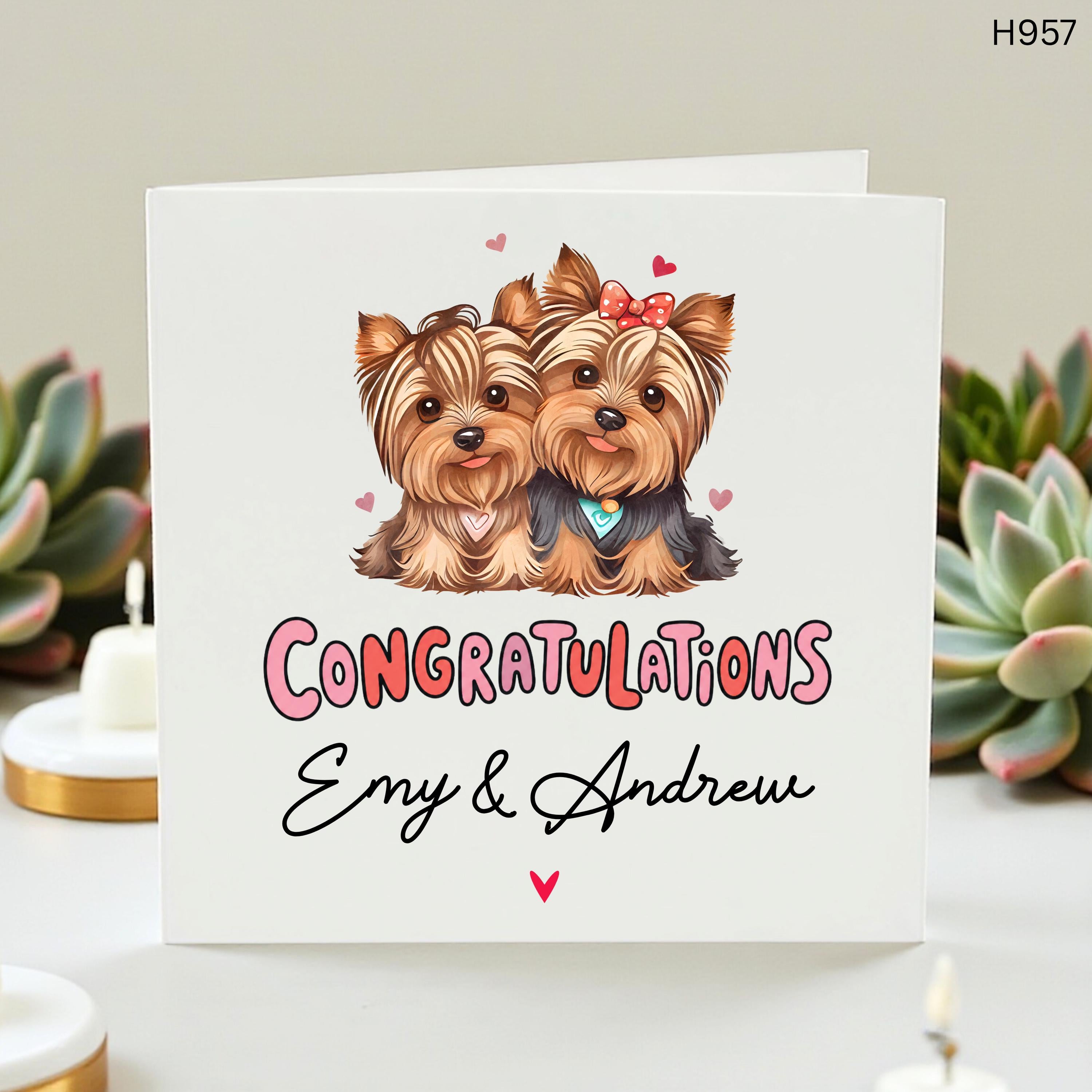 Personalized Yorkie Dog Wedding Card with Custom Names, Yorkshire Terrier Engagement Card for Dog Lovers, Cute Puppy Congratulations Card