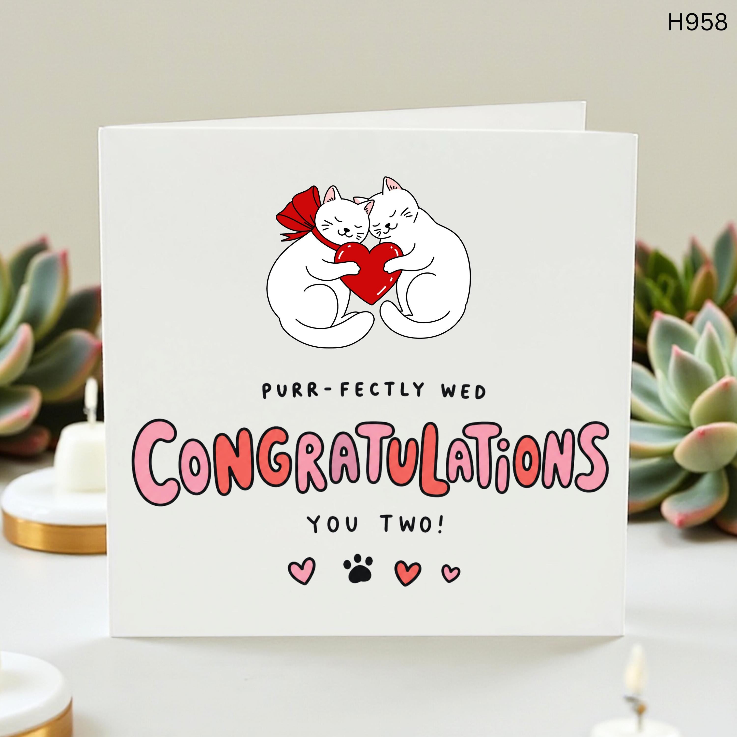 Cat Wedding Card Purrfectly Wed Congratulations You Two Cute White Cats Holding Heart Greeting Card For Newlyweds Fun Animal Marriage Card