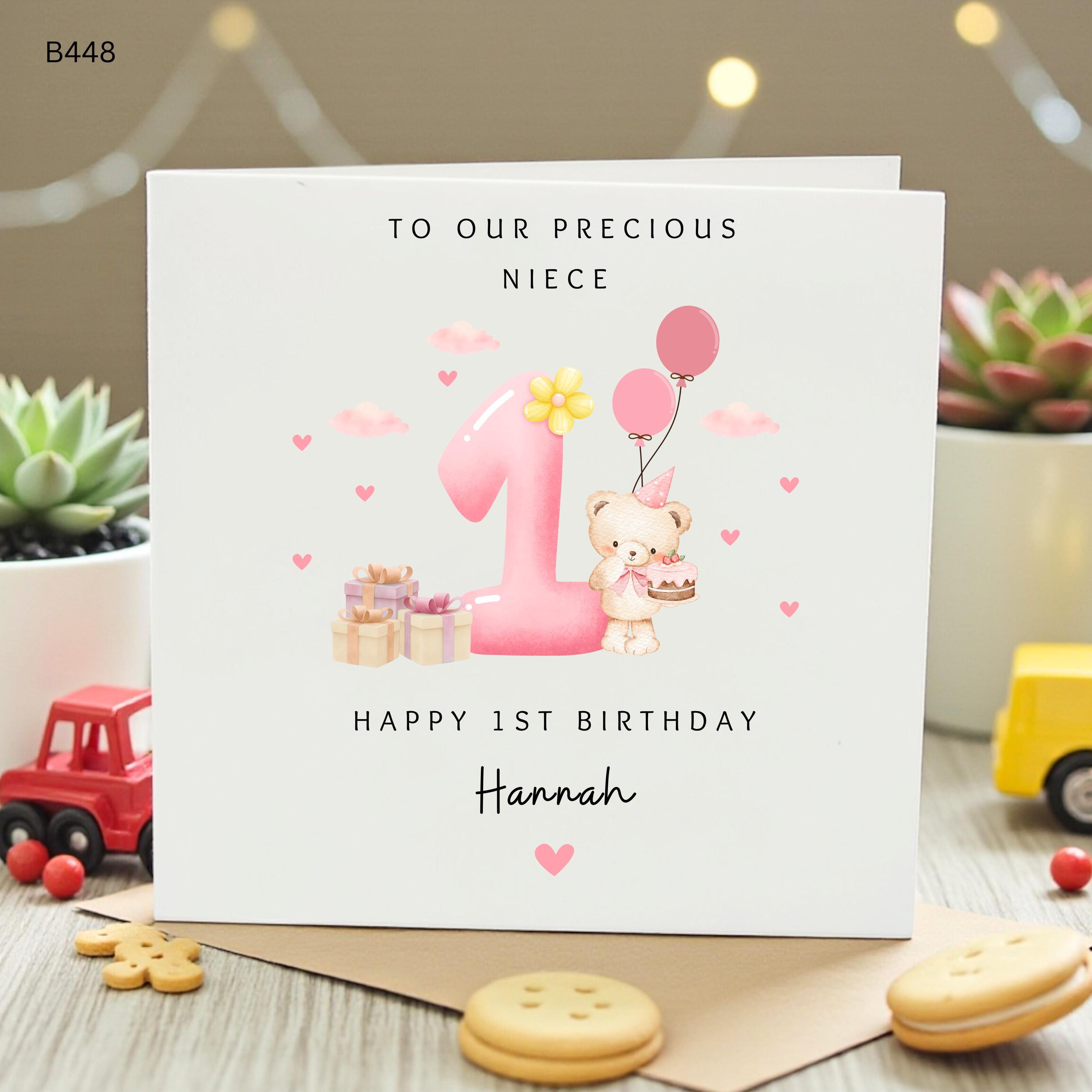 Personalised Niece 1st Birthday Card, Cute Pink Teddy Bear First Birthday Card, Custom Name Baby Girl Birthday Card for Her