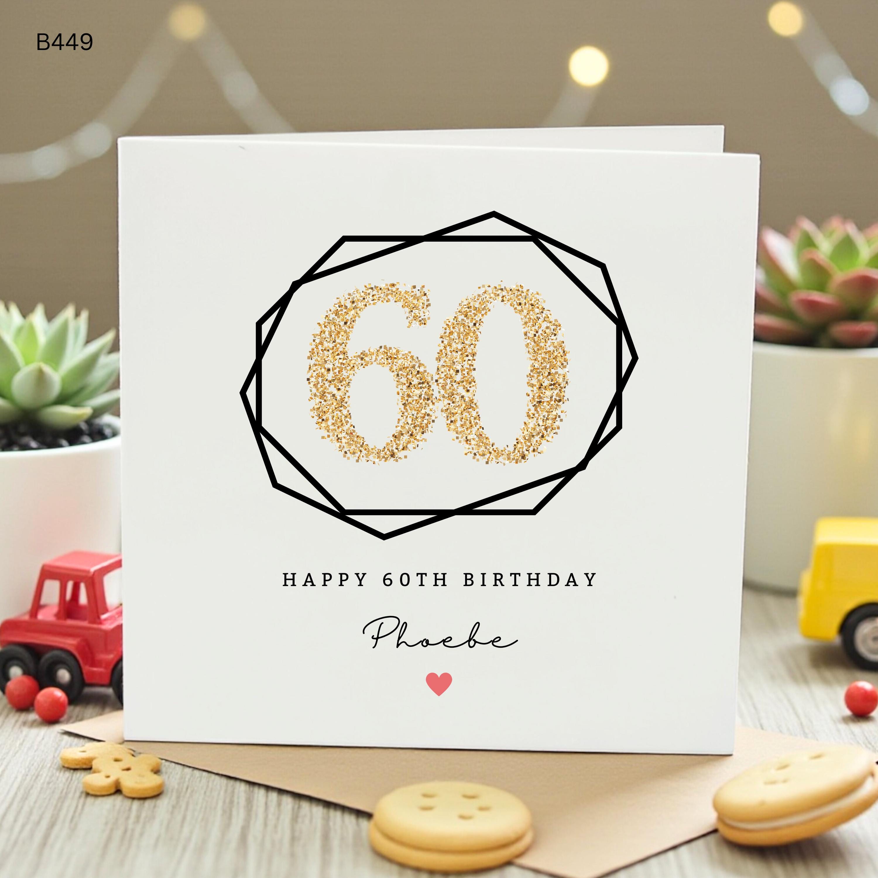 Personalised 60th Birthday Card for Her, Gold Glitter Number 60 Card, Elegant Custom Name Sixtieth Birthday Card for Mum Nan Friend