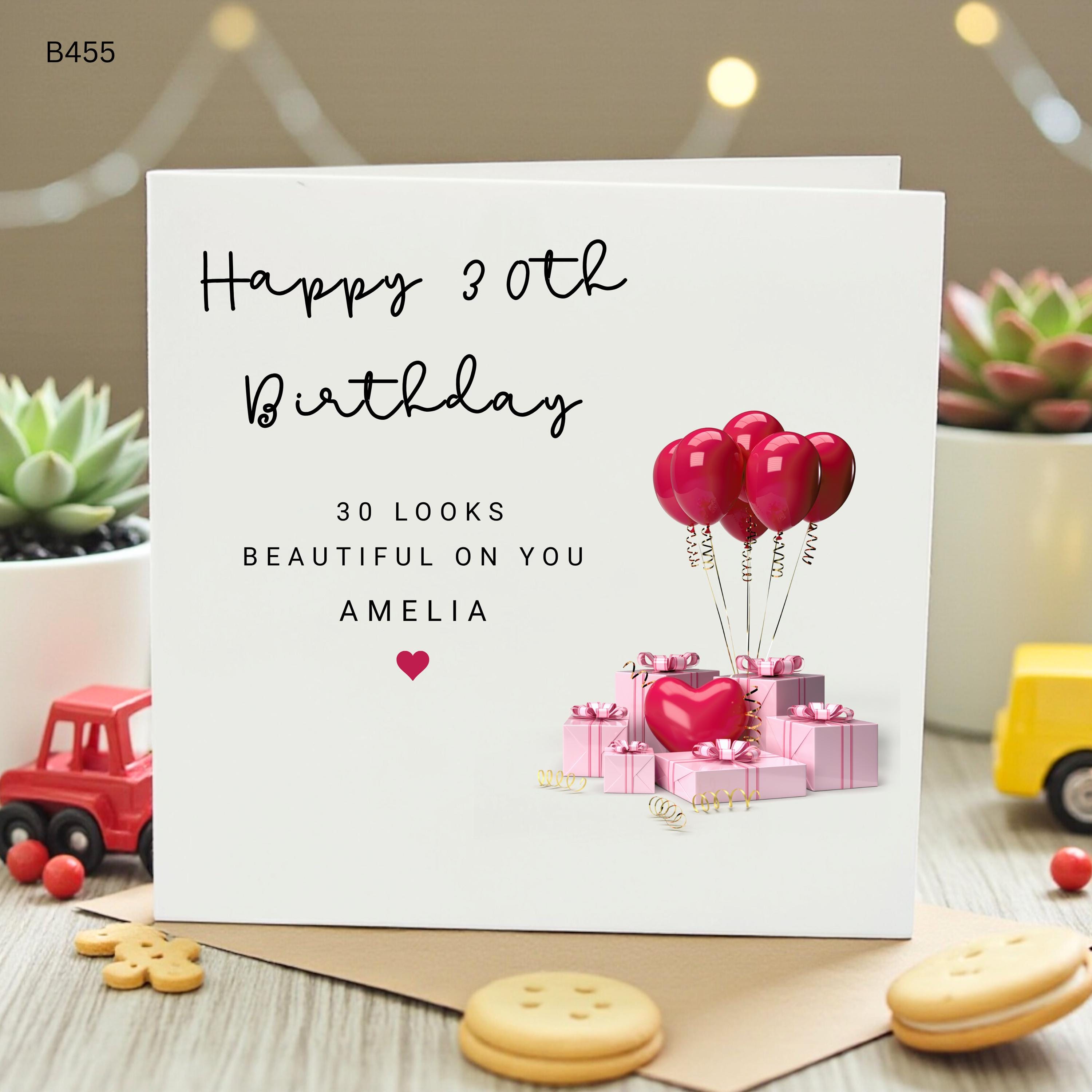 Personalised 30th Birthday Card for Her, Pink Balloon Gift Card, Custom Name Thirtieth Birthday Card, 30 Looks Beautiful on You Card