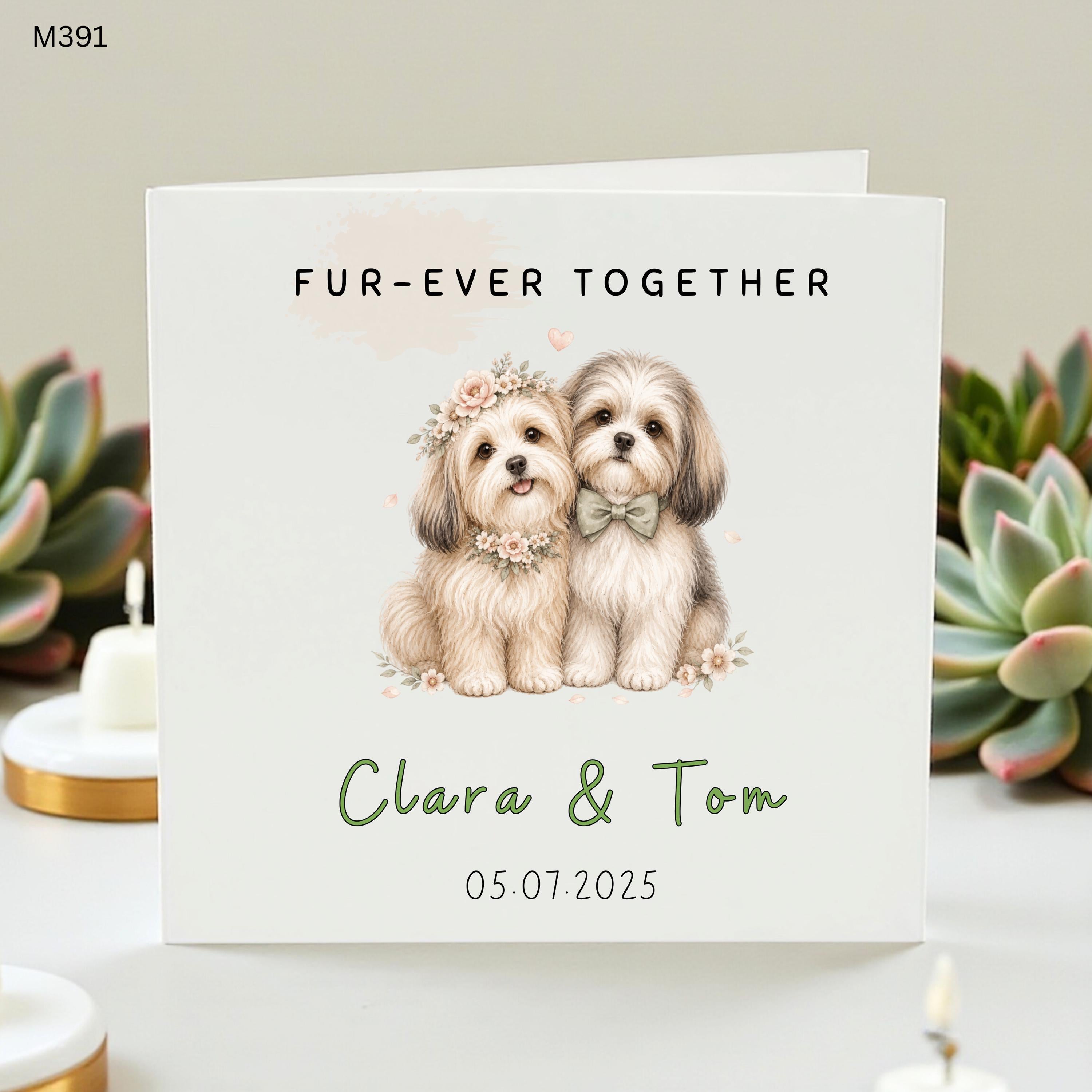 Personalized Shih Tzu Wedding Card, Custom Names and Date Dog Anniversary Card, Fur-ever Together Lhasa Apso Card for Bride and Groom Couple