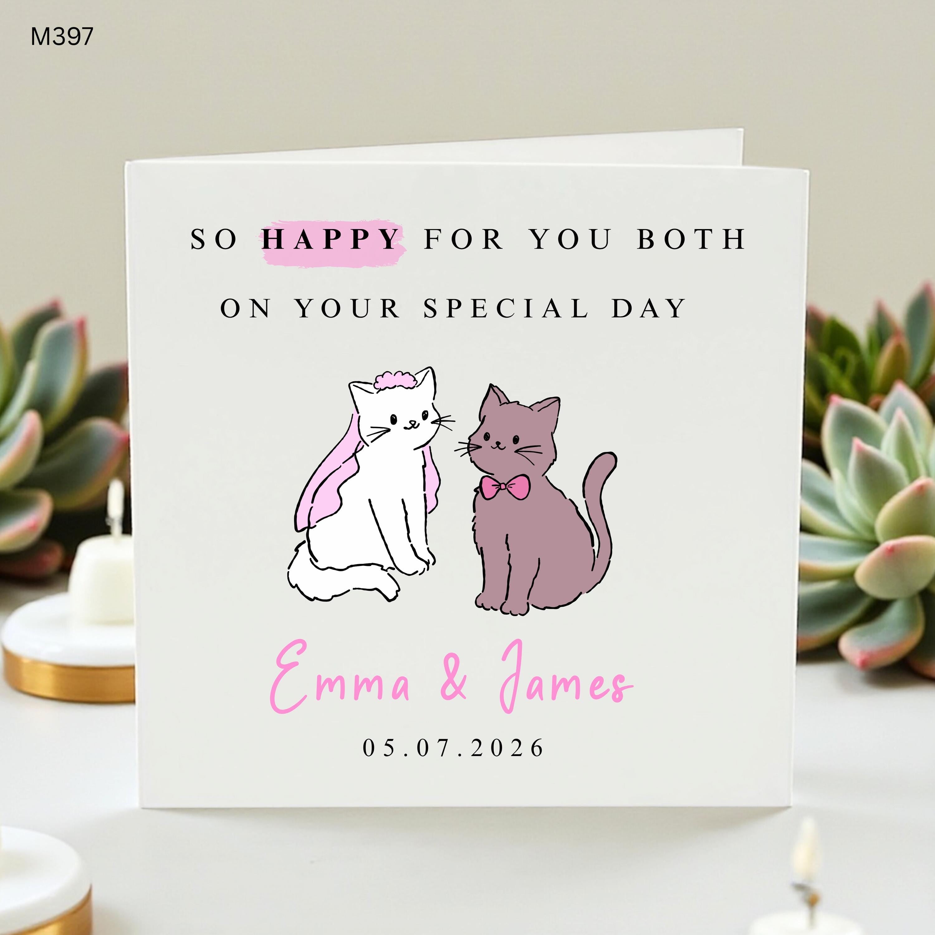Personalized Cat Wedding Card for Bride and Groom, Custom Names & Date Kitten Wedding Gift, Cute Cat Lover Special Day Greeting Card Couple