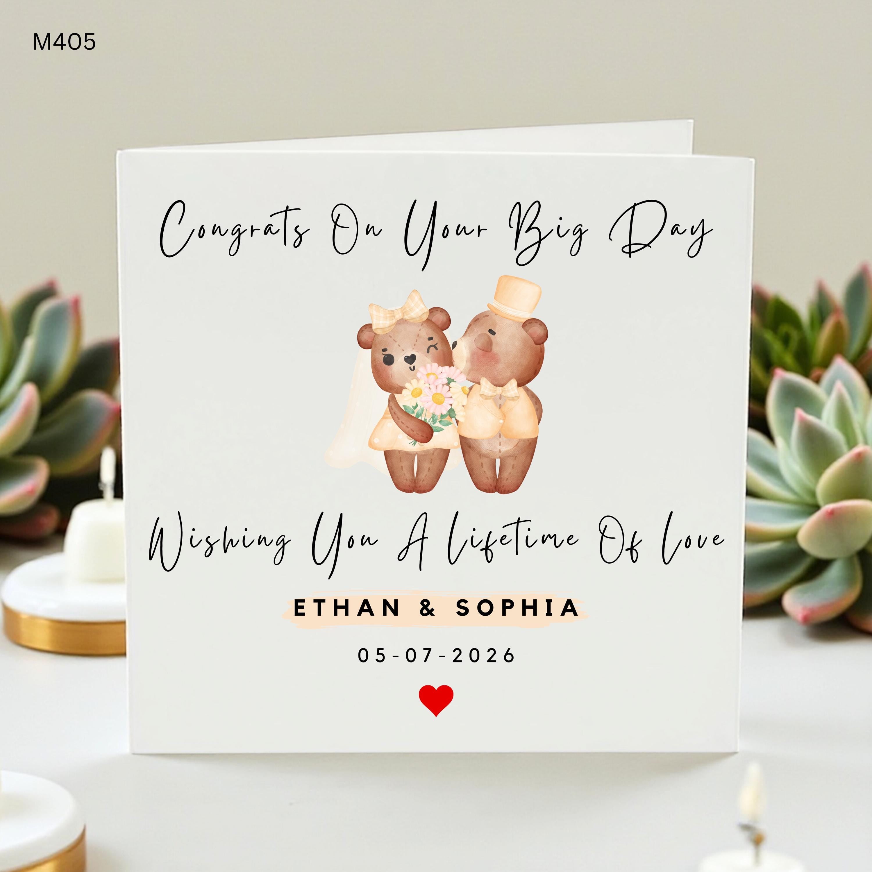Personalized Bear Wedding Card - Custom Names & Date Cute Teddy Bear Illustration - Congrats On Your Big Day Whimsical Wedding Greeting Card
