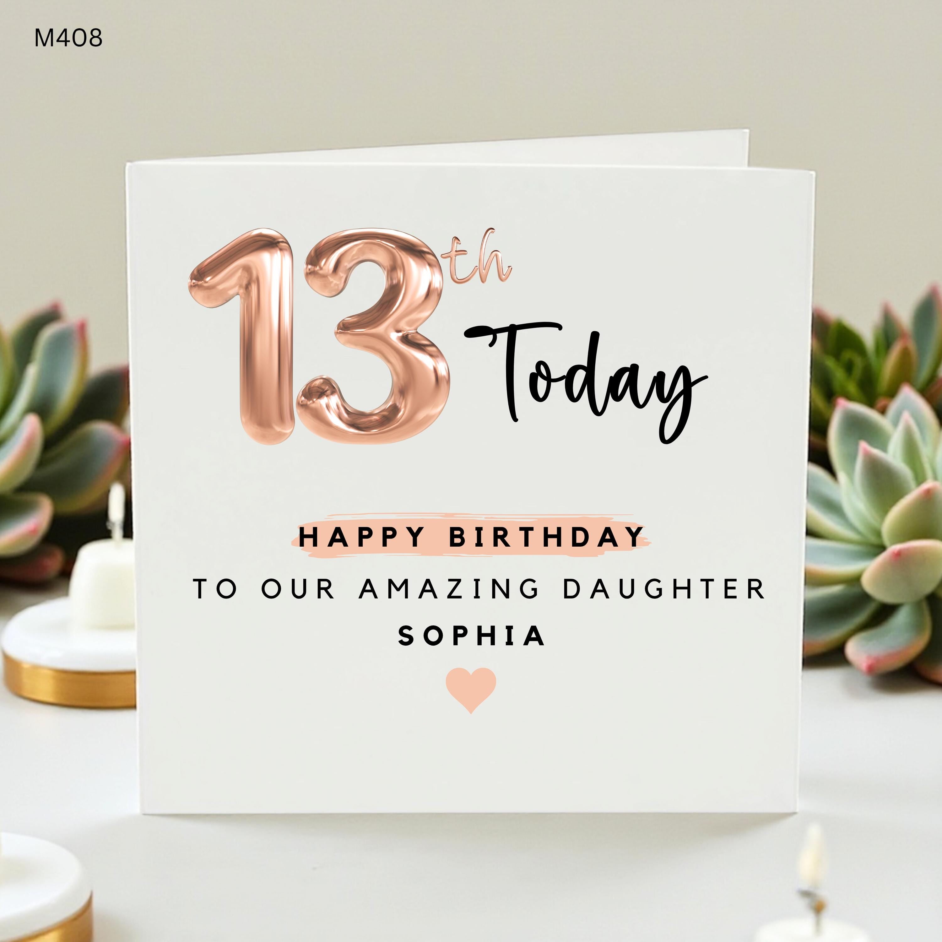 Personalized 13th Birthday Card for Daughter, Rose Gold 13 Today Card for Teenager, Custom Name Girl's Age 13 Greeting Card, Amazing Sophia
