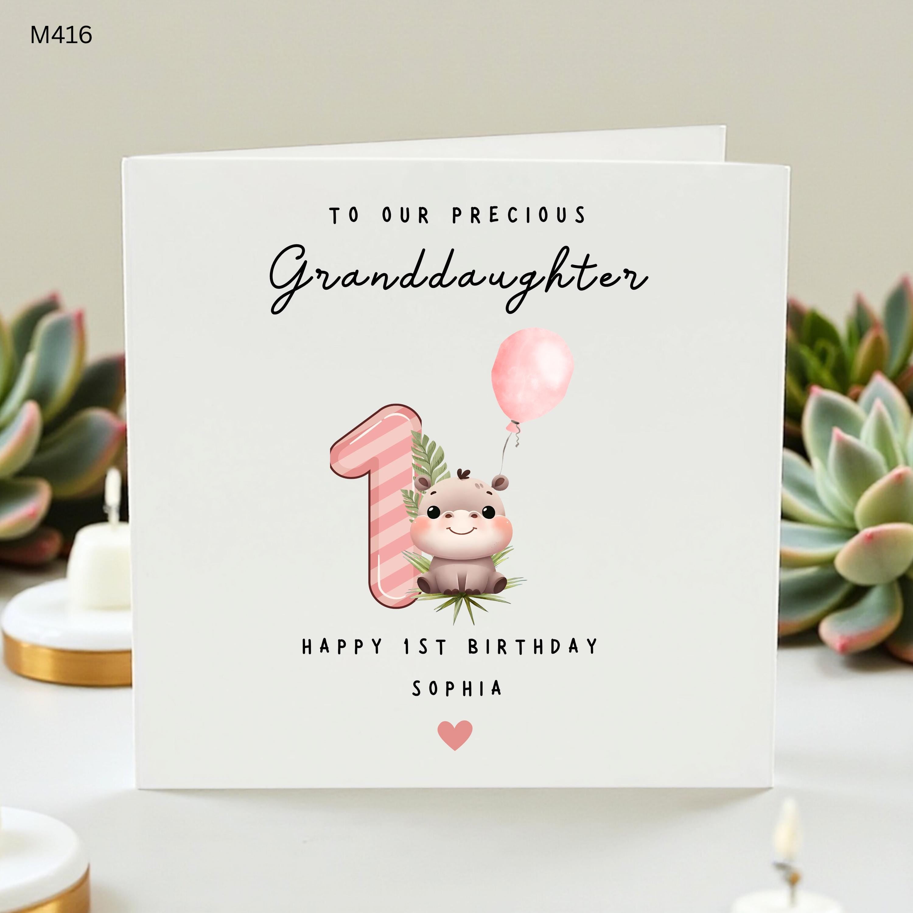 Personalized 1st Birthday Card for Granddaughter, Cute Hippo First Birthday Greeting Card for Her, Custom Name Age 1 Card, One Today, Sophia