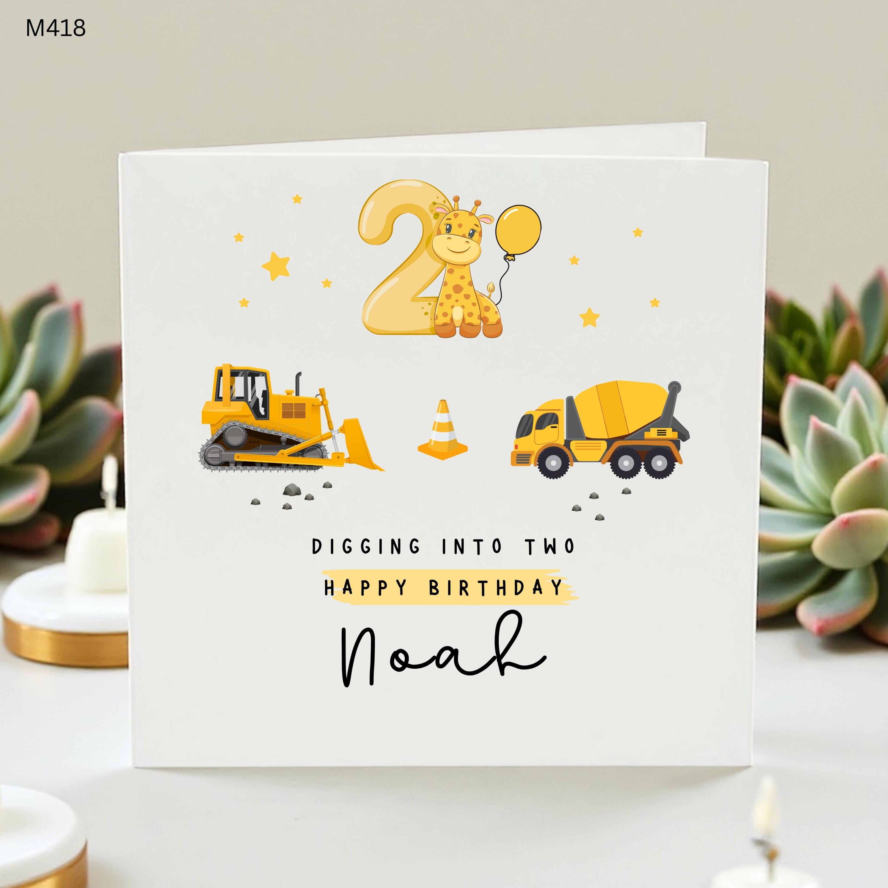 Personalized 2nd Birthday Card for Boys, Digging into Two Construction Theme Greeting Card, Custom Name Digger Giraffe Age 2 Card, Noah