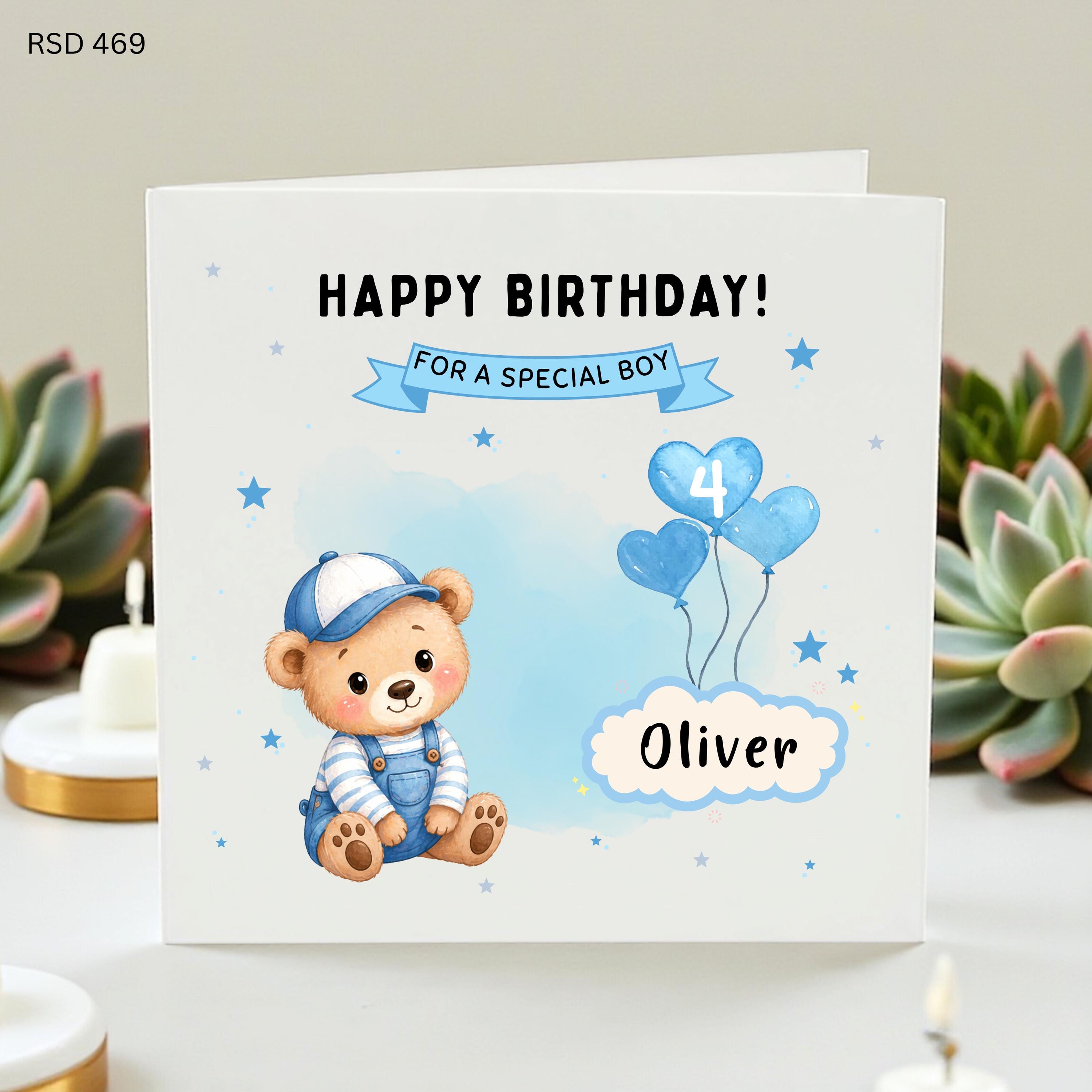 Personalized 4th Birthday Card for Boy, Custom Name Teddy Bear Birthday Card for Son, Happy Birthday For A Special Boy , Blue Balloon