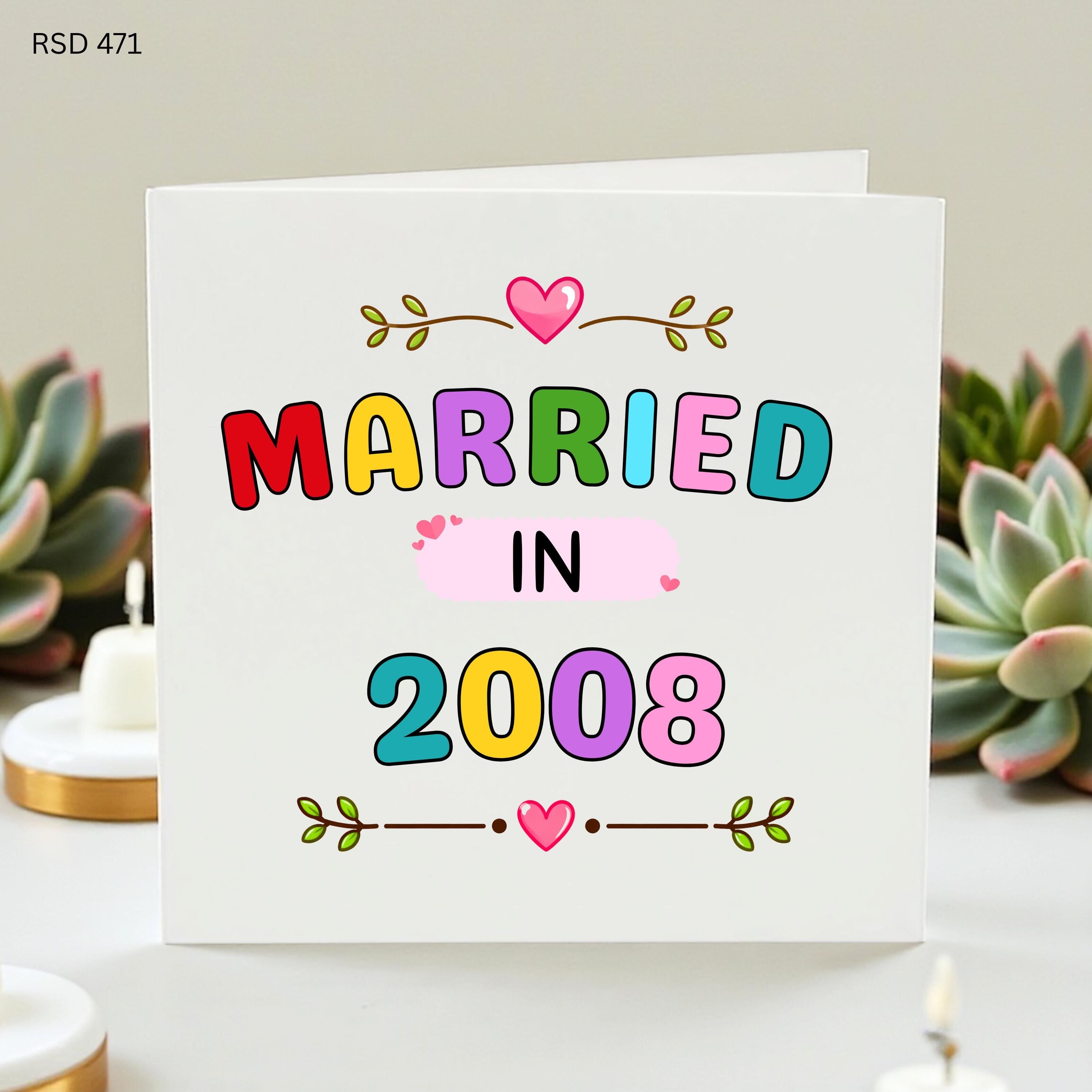 Custom Married in 2008 Anniversary Card, Personalized Milestone Wedding Anniversary Gift for Husband or Wife, Cute Colorful Greeting Card