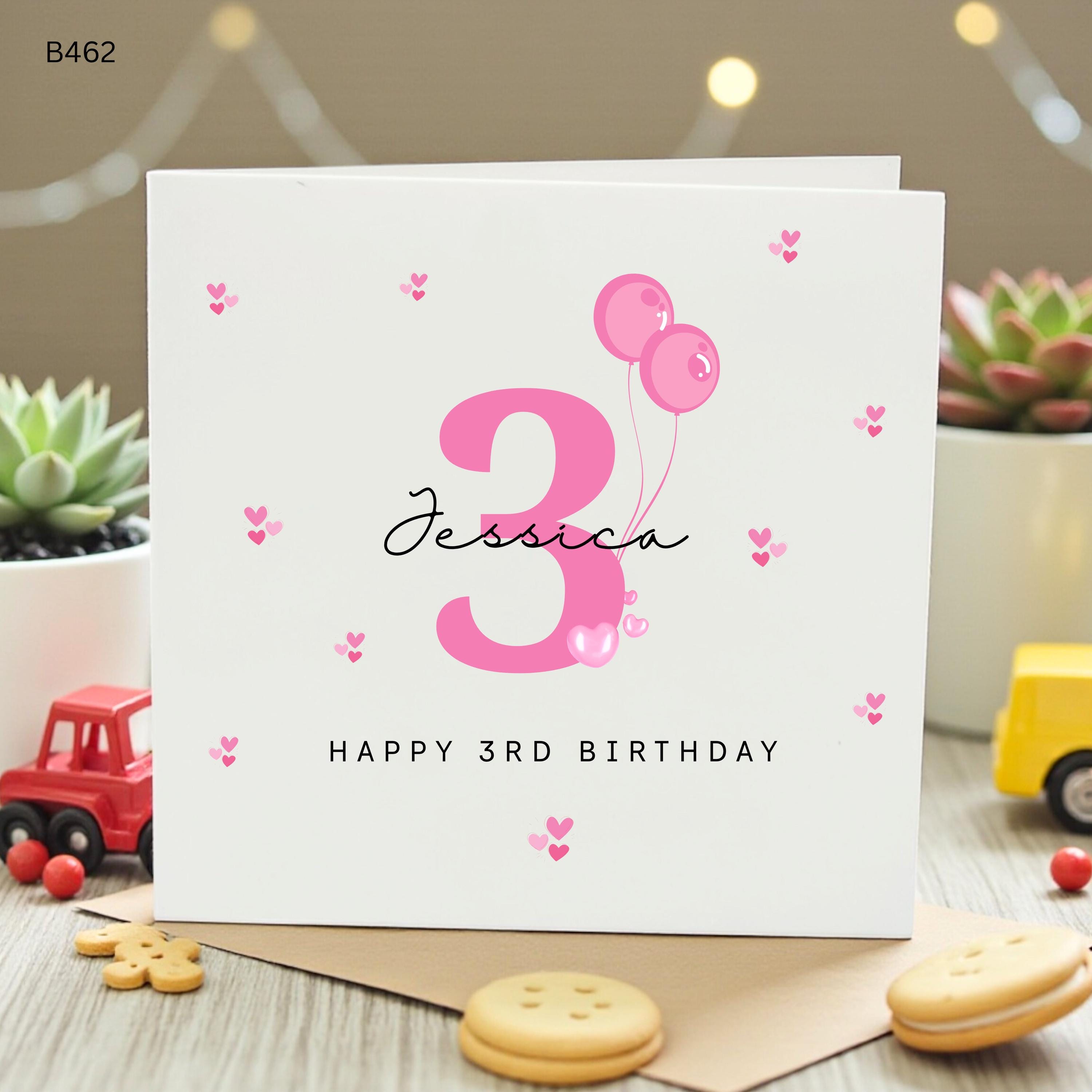 Personalised 3rd Birthday Card for Girl, Pink Number 3 Balloon Card, Daughter Granddaughter Niece Third Birthday Card, Cute Kids Card