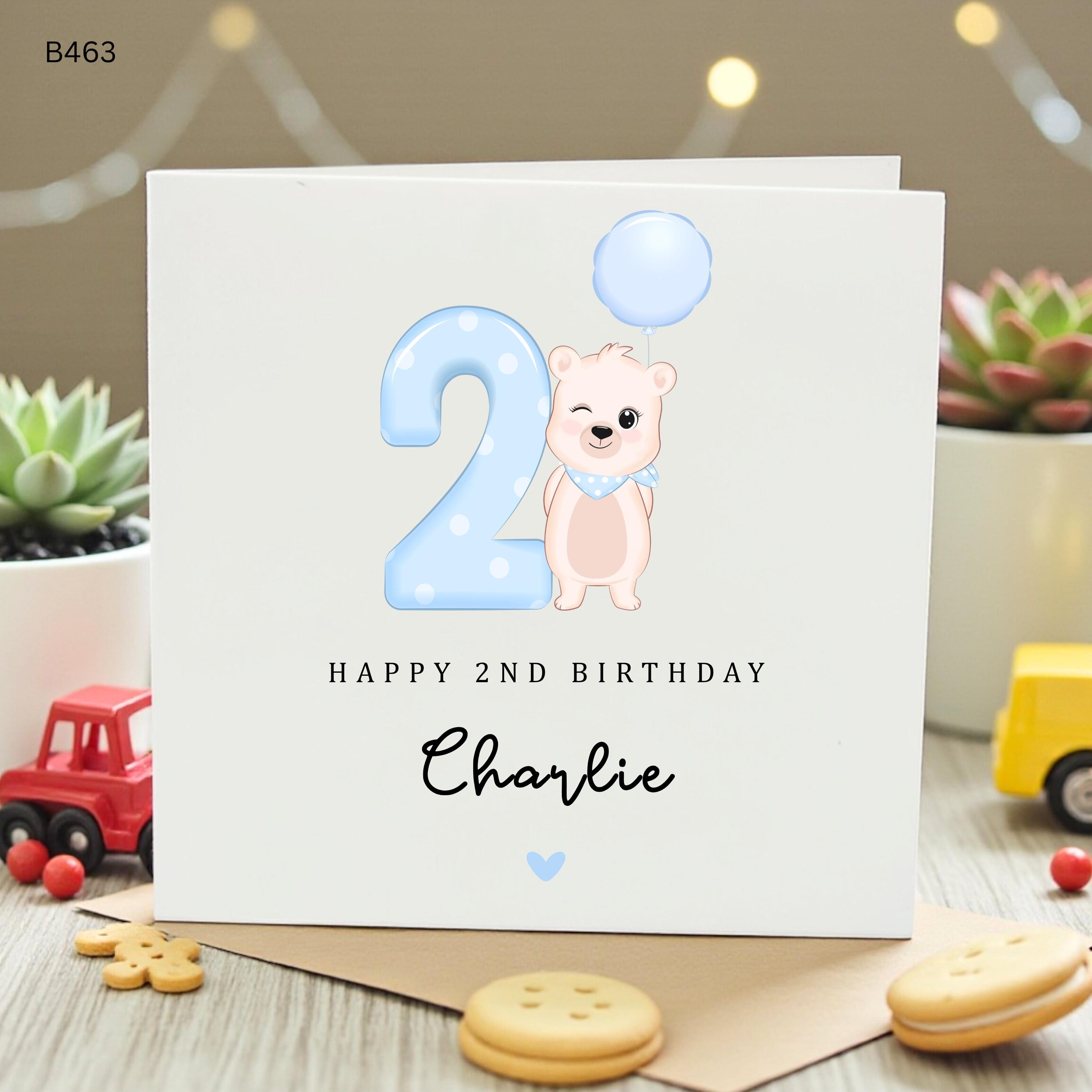 Personalised 2nd Birthday Card for Boy, Blue Teddy Bear Balloon Card, Son Grandson Nephew Second Birthday Card, Cute Kids Birthday Card