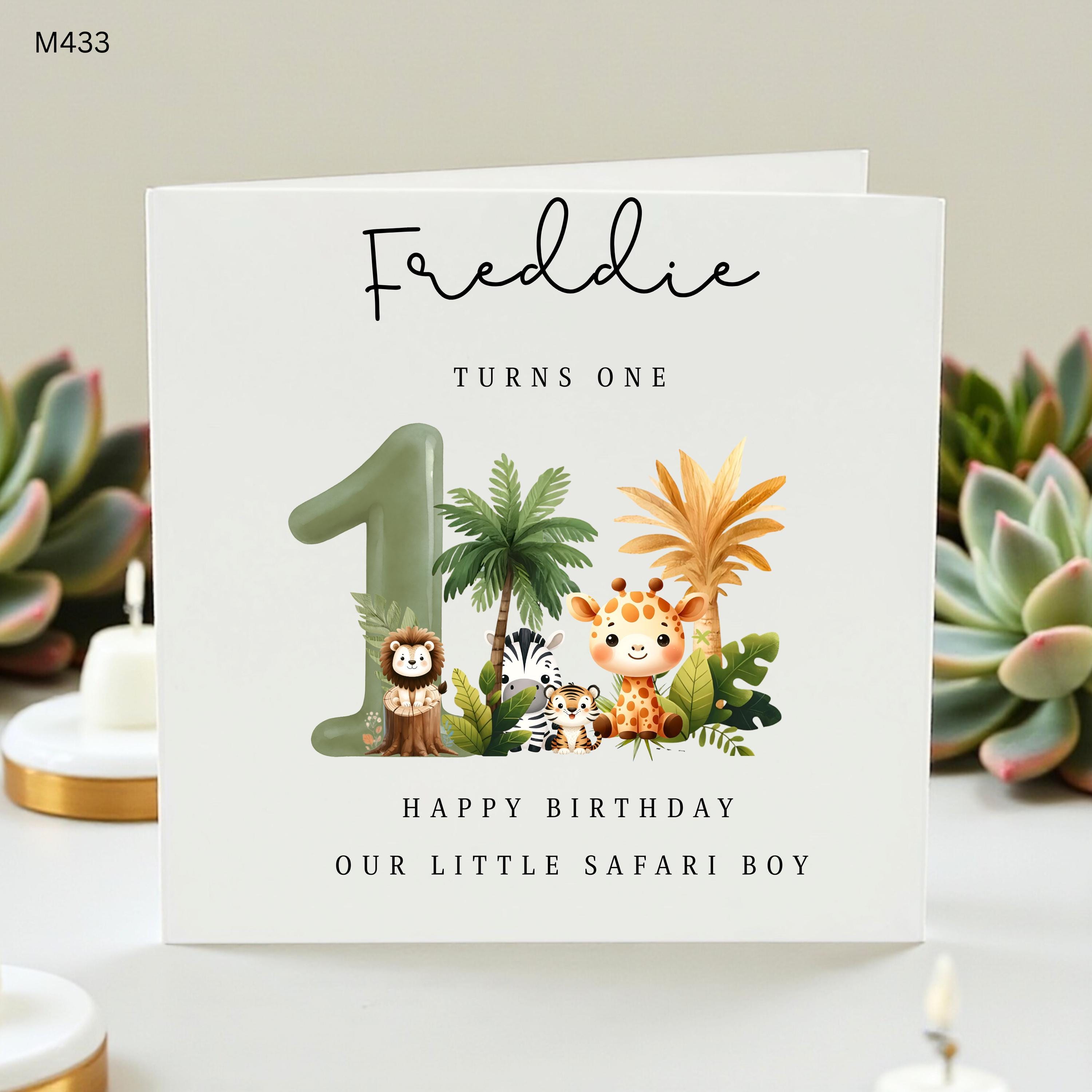 Personalized 1st Birthday Card for Boy, Safari Jungle Animals Birthday Card, Freddie Turns One, Our Little Safari Boy Card, Wild One Theme