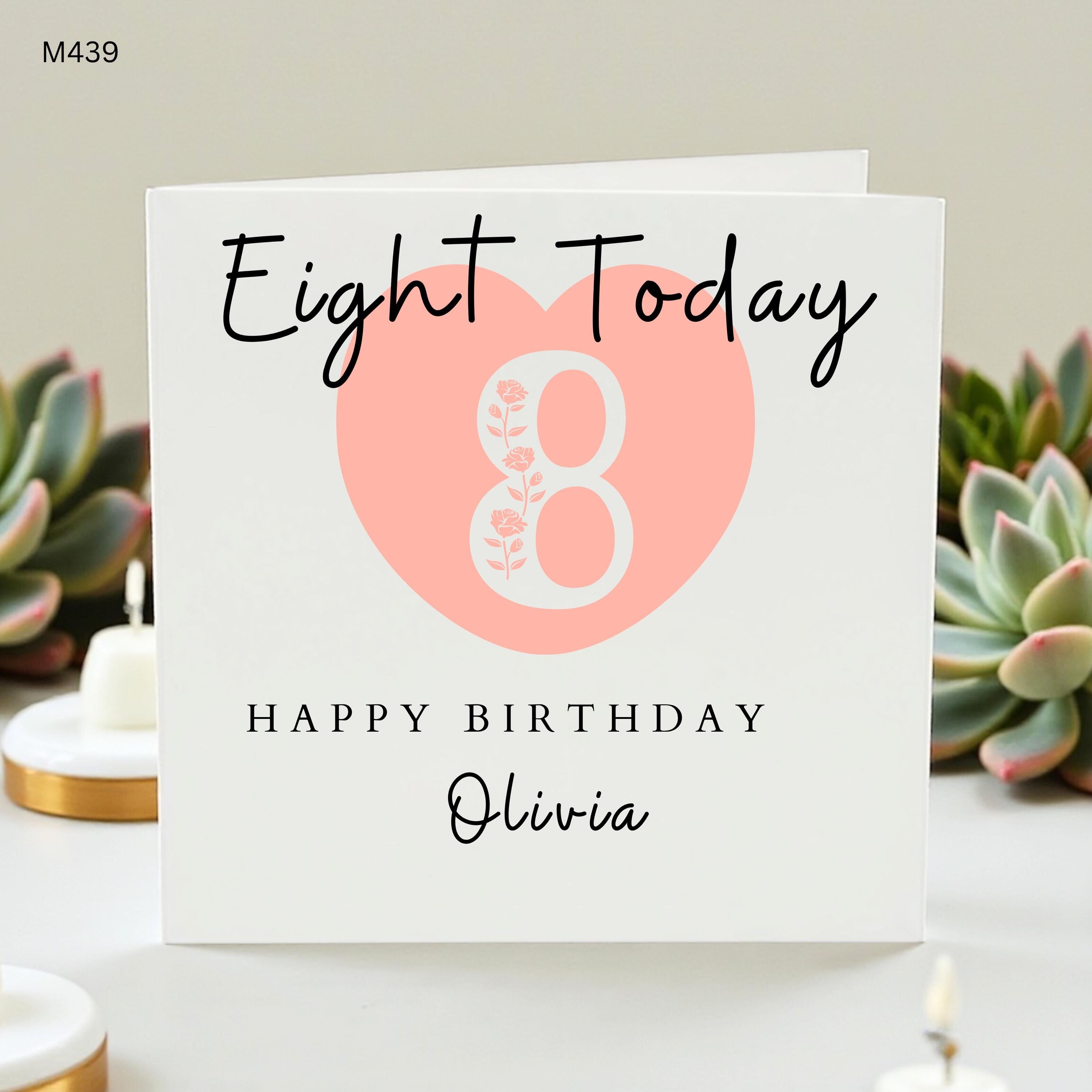 Personalized 8th Birthday Card for Girl, Eight Today Floral Number Card, Custom Name Happy Birthday Olivia, Daughter Granddaughter Age 8