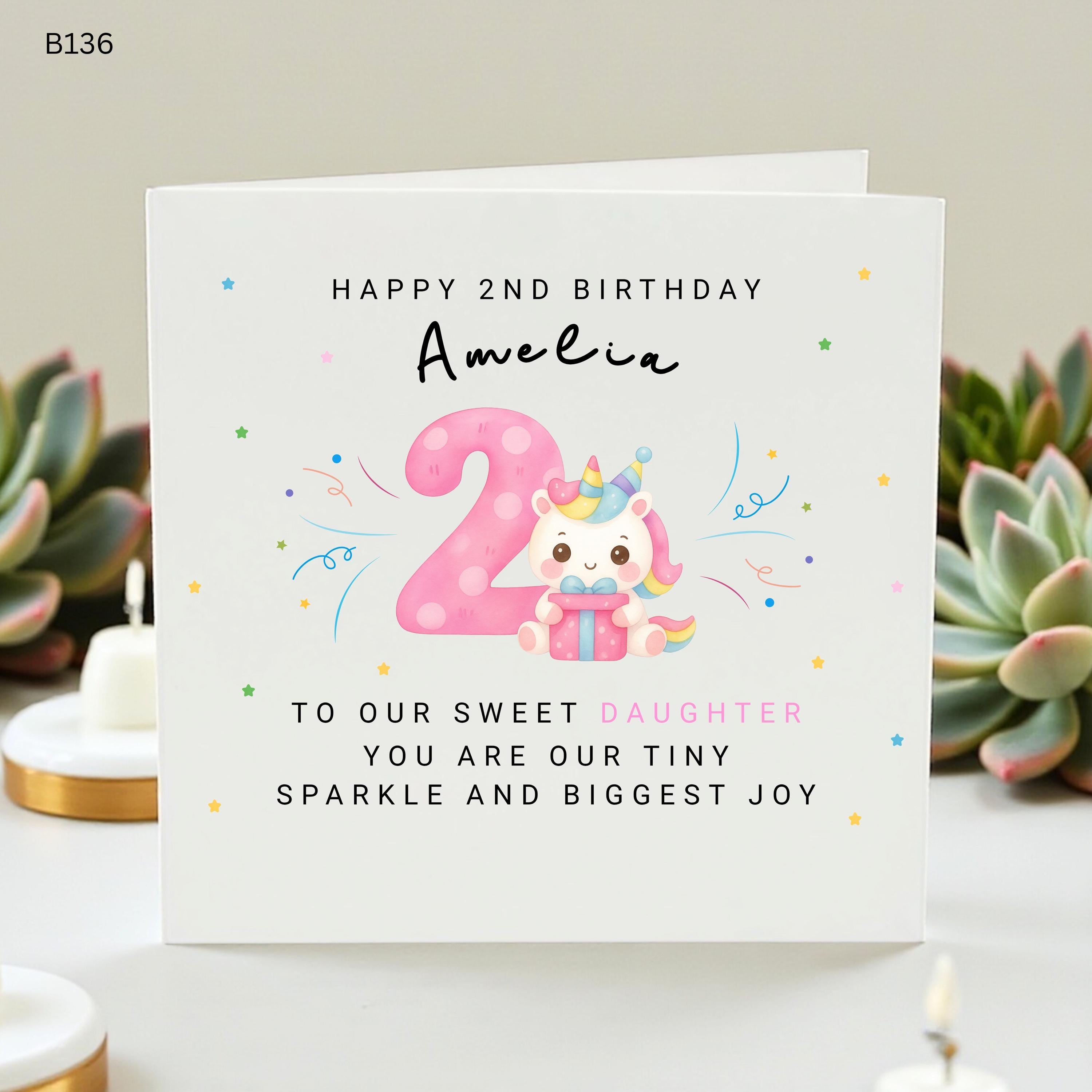 Personalized 2nd Birthday Card Daughter, Cute Unicorn Birthday Card for 2 Year Old, Custom Age Girl Birthday Card, Granddaughter Age 2 Card