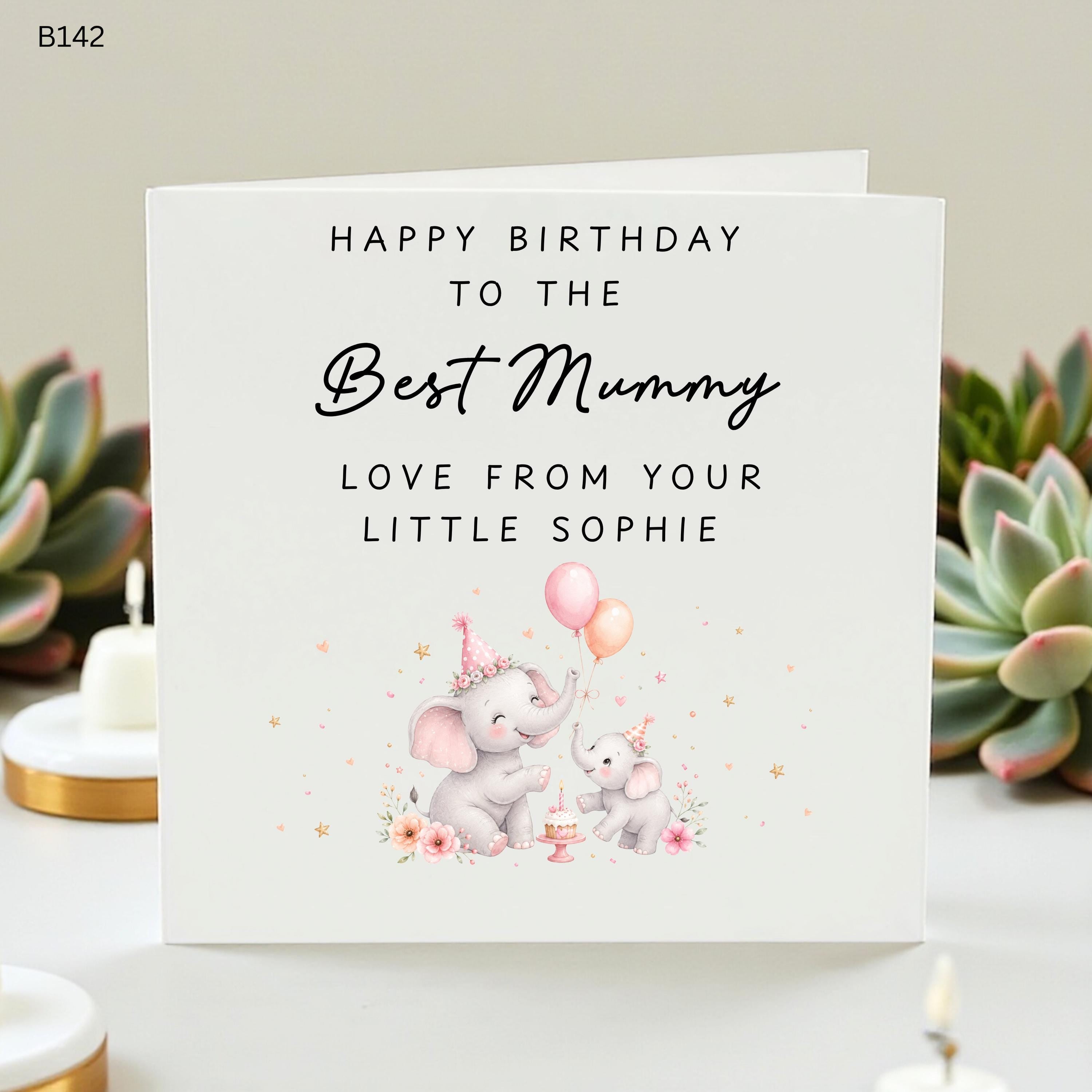 Personalized Mummy Birthday Card from Daughter, Cute Elephant Birthday Card for Mum, Mummy Birthday Gift, Custom Name Card from Little Girl