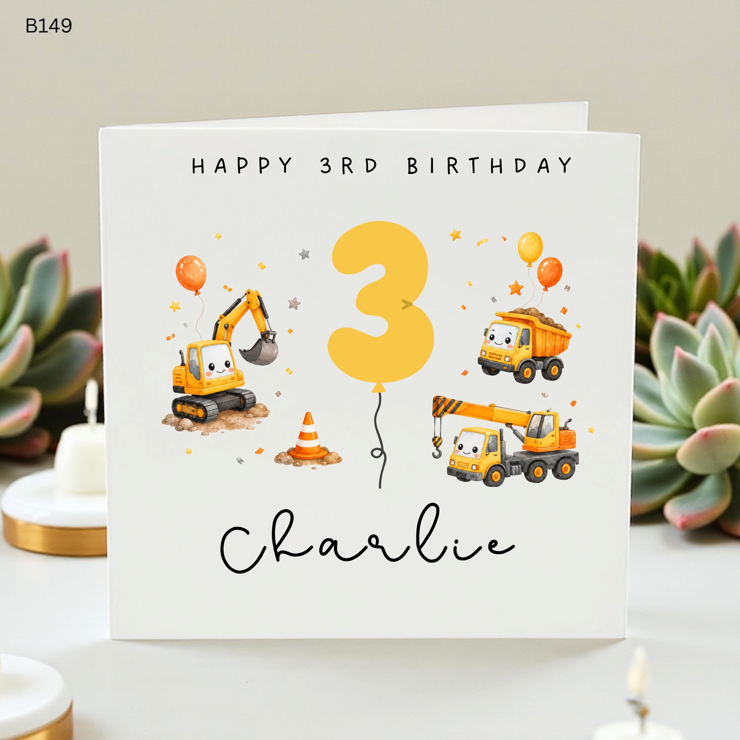 Personalized 3rd Birthday Card for Boys, Construction Digger Birthday Card, Custom Name Age 3 Card, Excavator Birthday Gift, Son Grandson