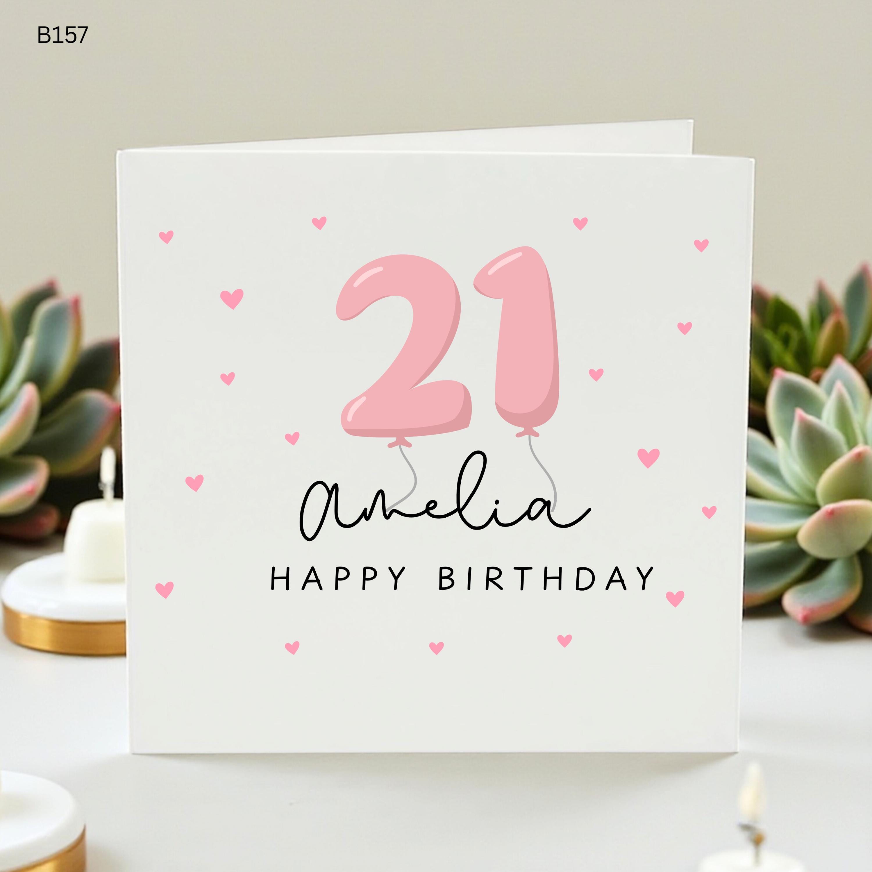 Personalized 21st Birthday Card for Her, Custom Name Age 21 Card Amelia, Happy 21st Birthday Daughter, Pink Balloon Milestone Card Girl