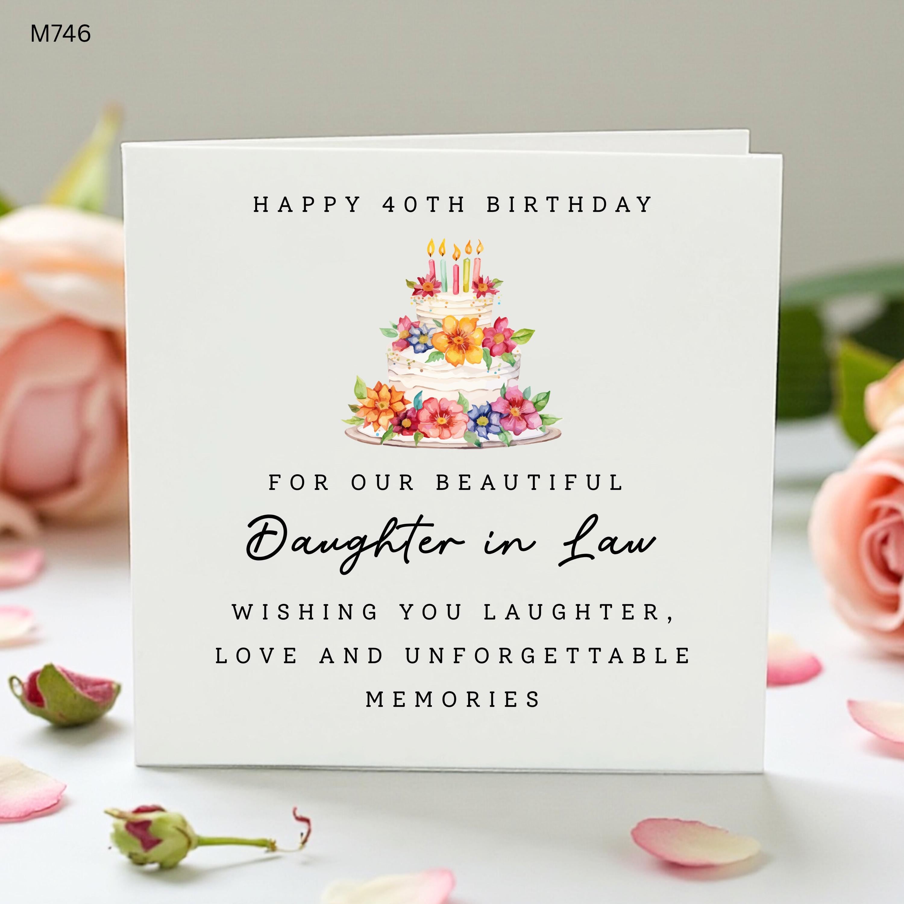 Personalised 40th Birthday Card For Daughter In Law, Floral Cake Card, Beautiful Daughter In Law Card, Custom 40th Birthday Gift