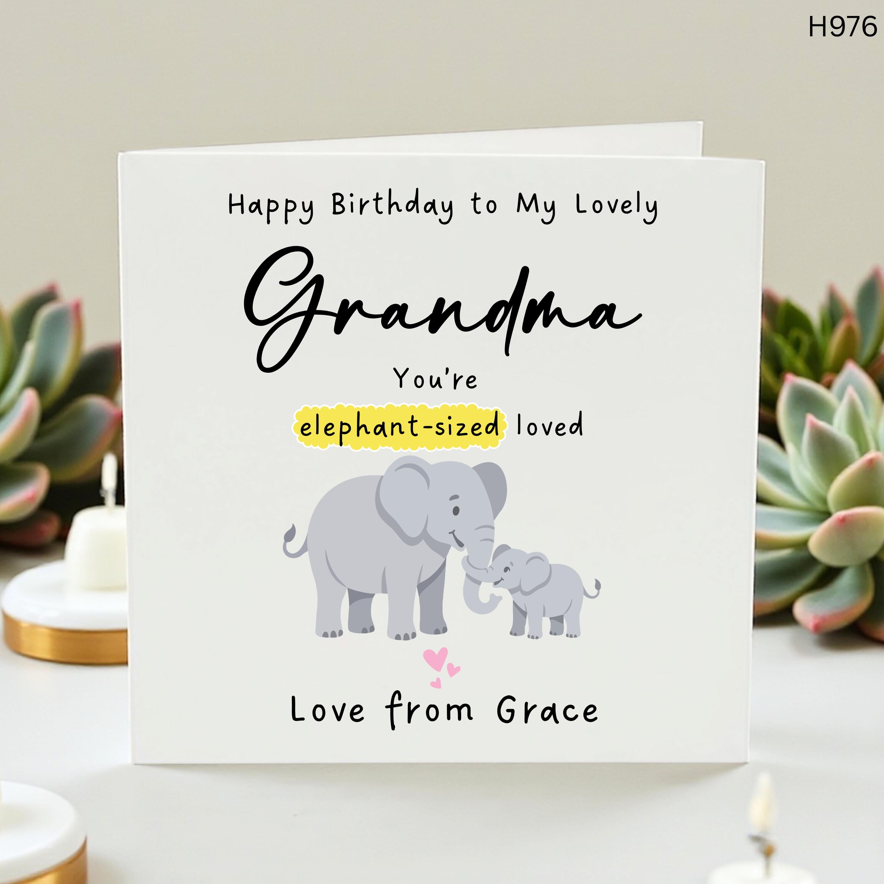 Personalized Happy Birthday to My Lovely Grandma Card, Elephant-Sized Loved, Cute Elephant Birthday Card from Grandkids Custom Name for Nana