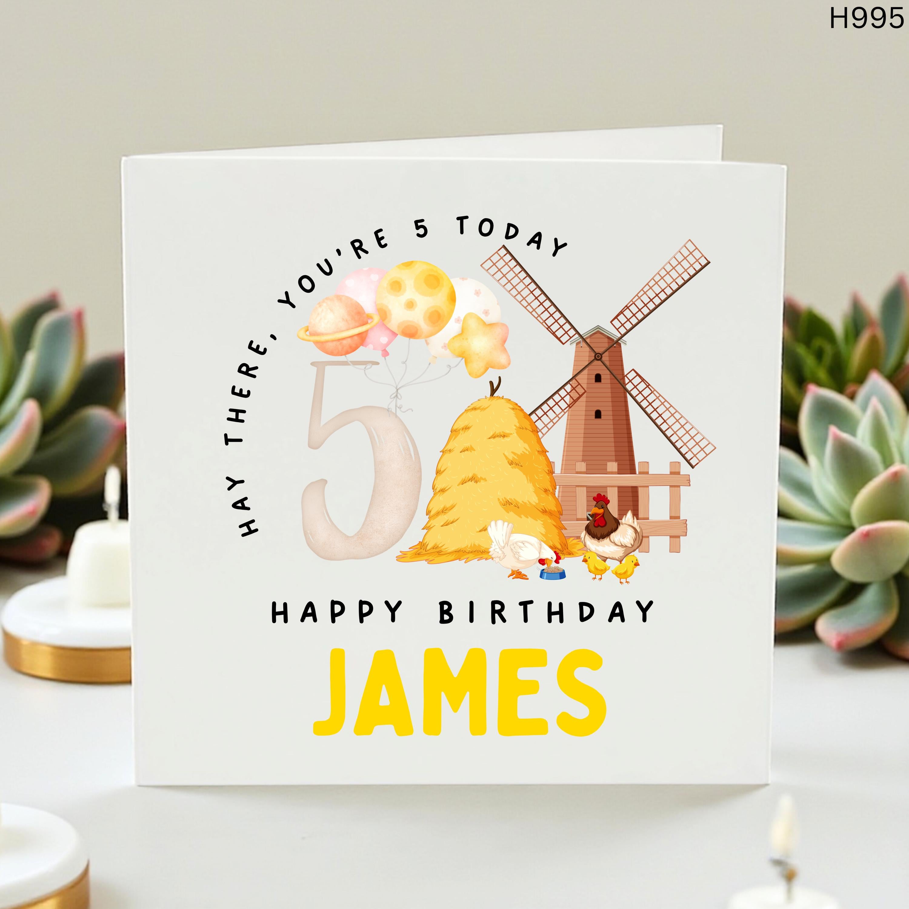 Personalized 5th Birthday Card Farm Theme - Custom Name Farmyard Birthday Card for Boy Son Grandson - Hay There You're 5 Today Barnyard Gift