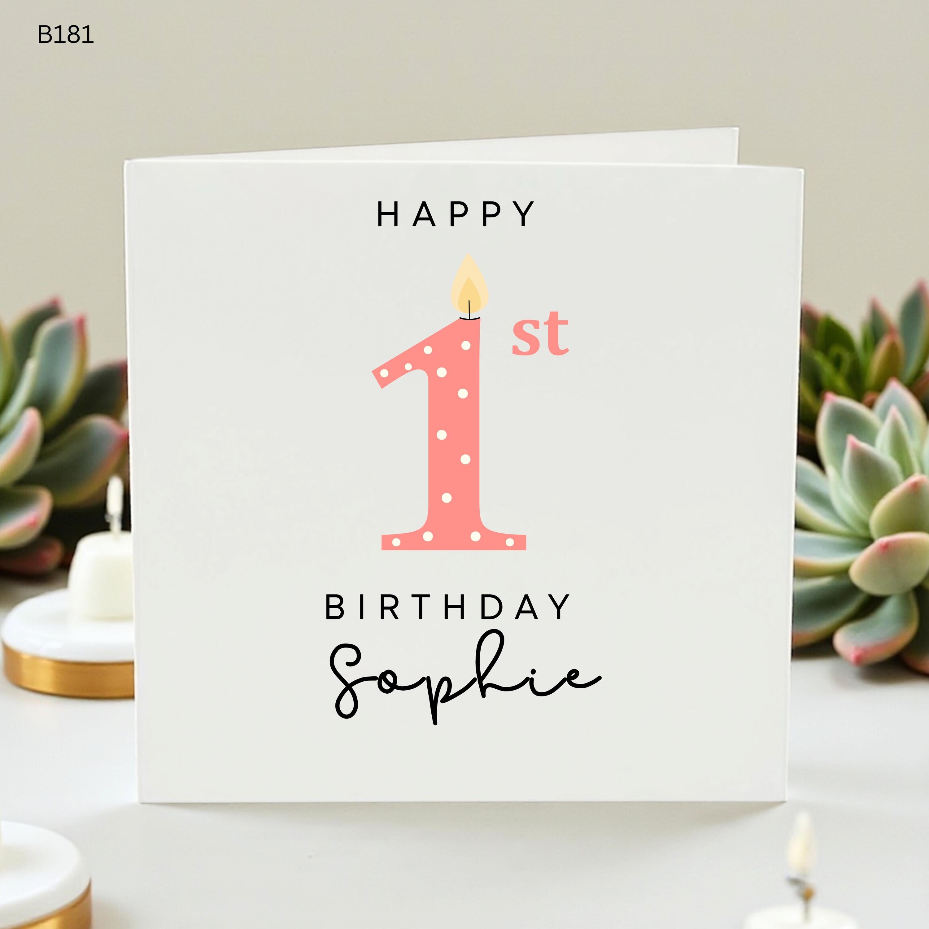 Personalized 1st Birthday Card for Girl, Sophie Custom Name Card, First Birthday Candle Design, Card for Daughter, Granddaughter, Niece