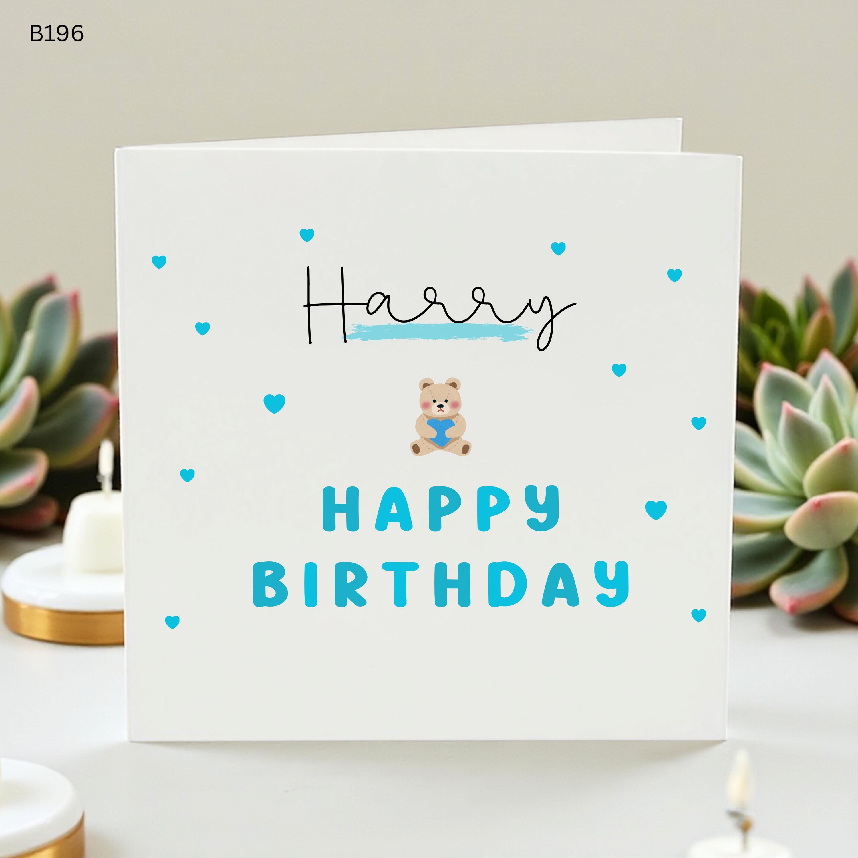 Personalised Boys Birthday Card Harry, Cute Teddy Bear Card for Son Grandson, Custom Name Birthday Card, Blue Hearts Toddler Birthday Gift