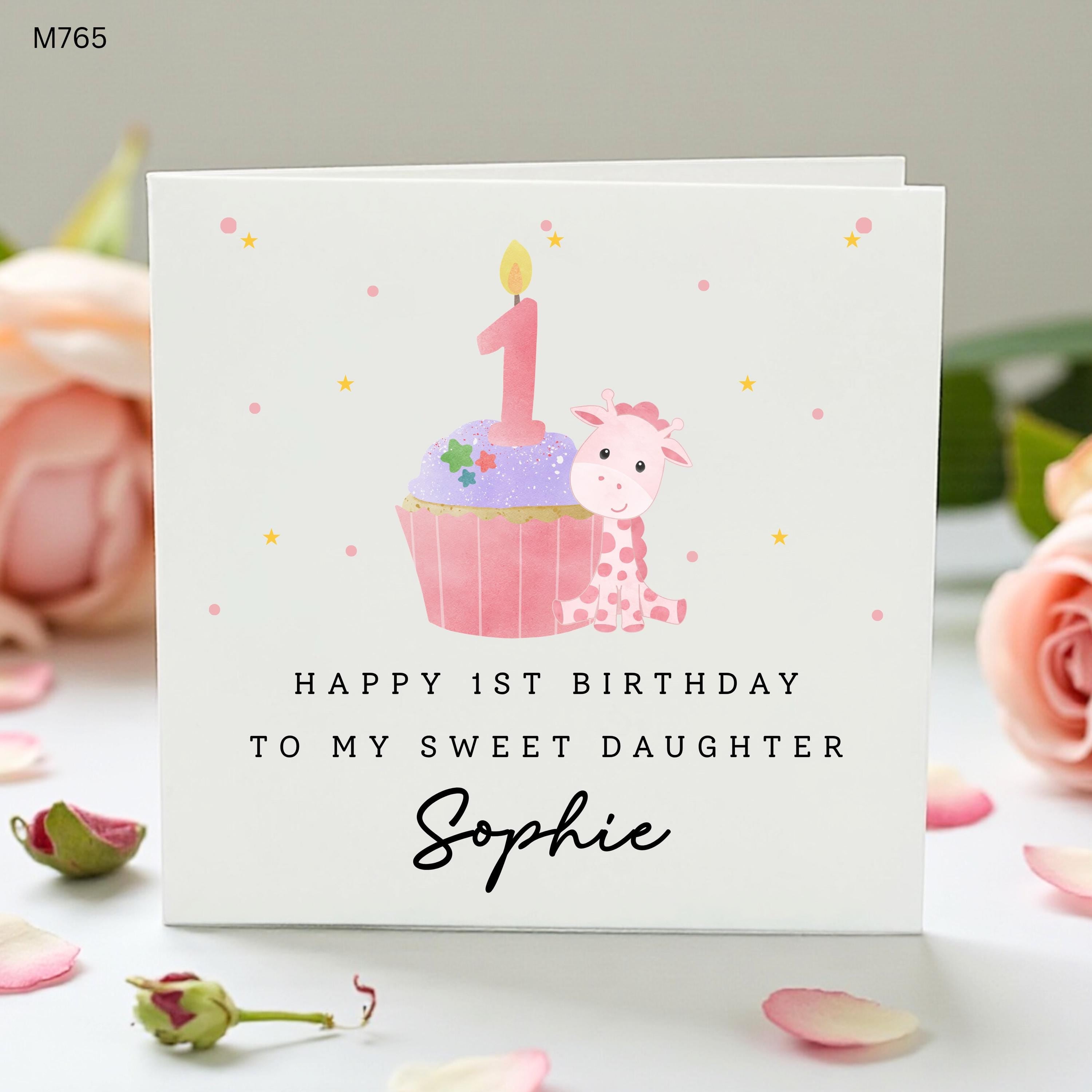 Personalised 1st Birthday Card for Daughter, Cute Giraffe Cupcake First Birthday Card, Custom Name Baby Girl Birthday Card