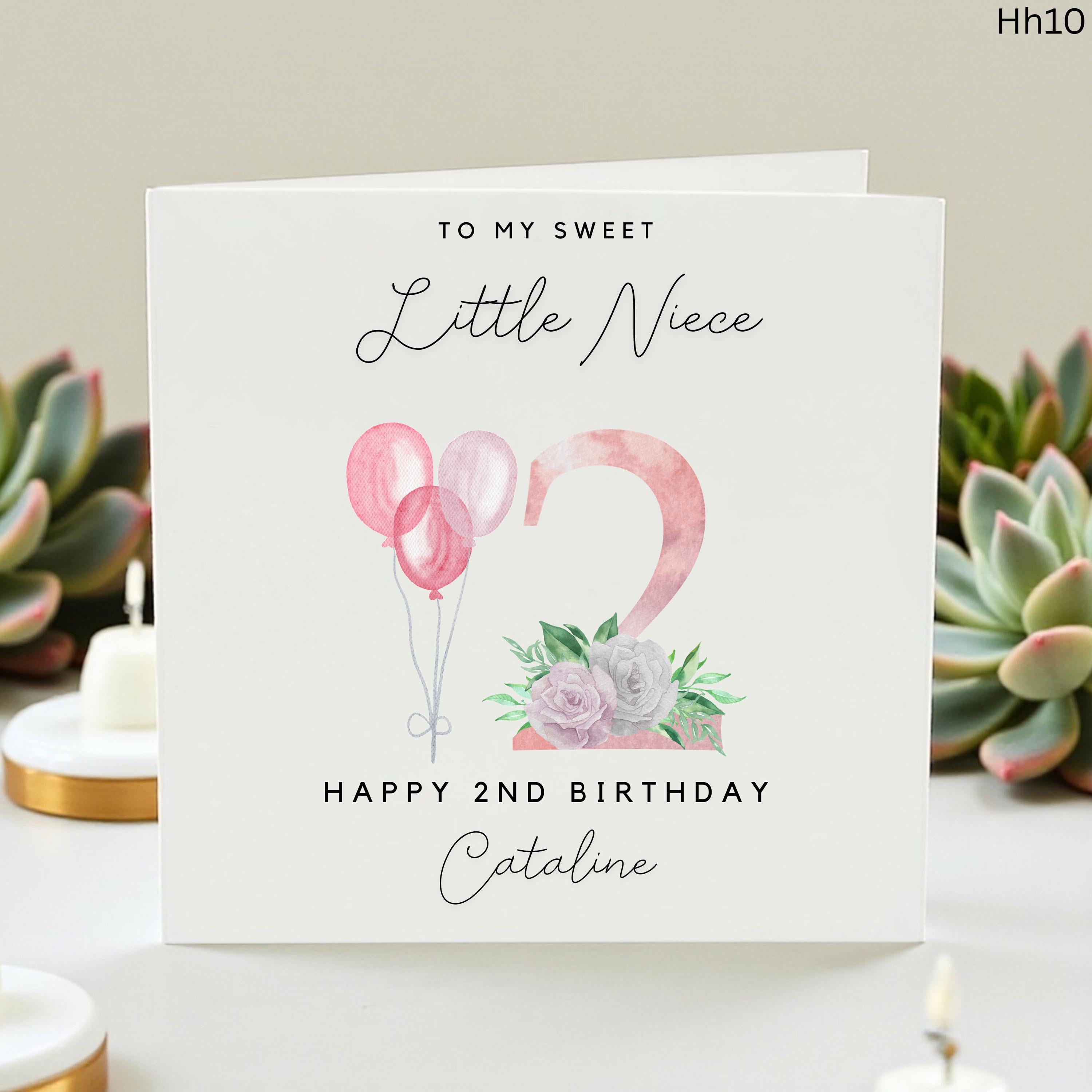 Personalized 2nd Birthday Card for Niece, Custom Name Second Birthday Card with Pink Balloons and Roses, Cute Floral Age 2 Card for Cataline