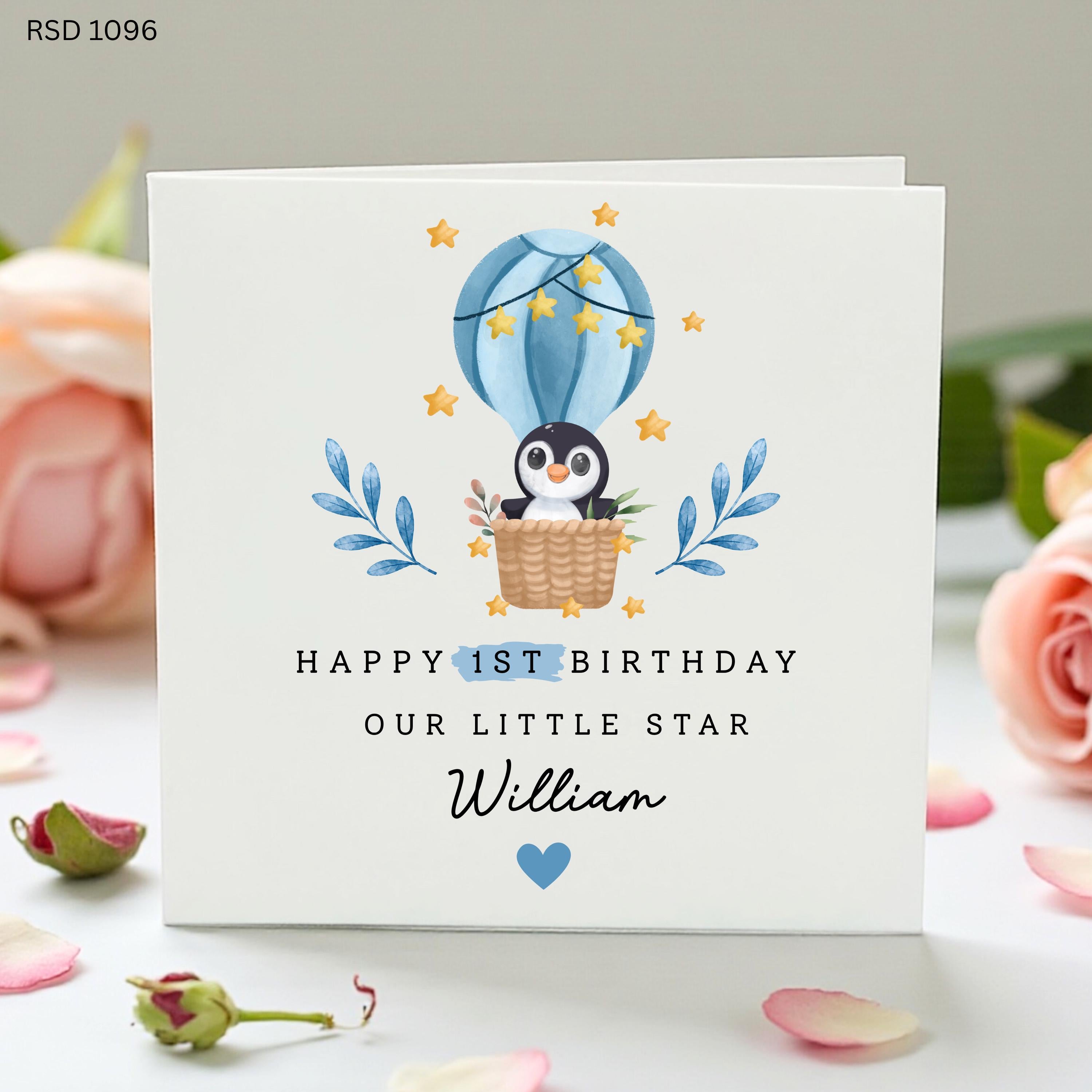 Personalised 1st Birthday Card Boy, Cute Penguin Hot Air Balloon Card, Blue First Birthday Card, Our Little Star Son Grandson Nephew