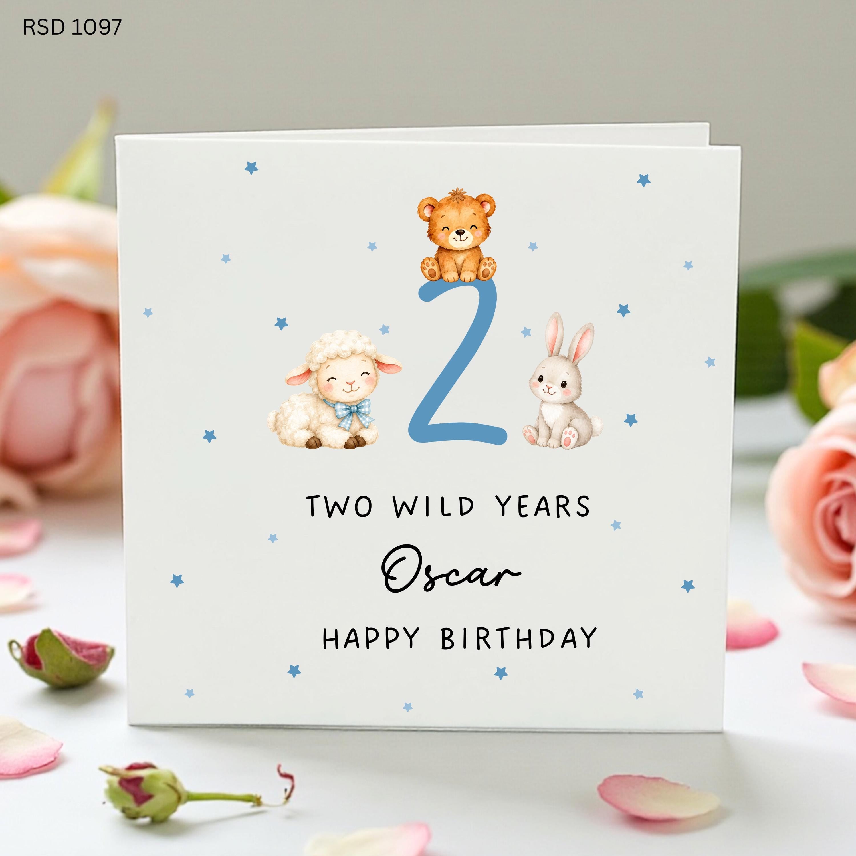 Personalised 2nd Birthday Card Boy, Two Wild Years Card, Cute Animal Birthday Card, Son Grandson Nephew Age 2 Keepsake